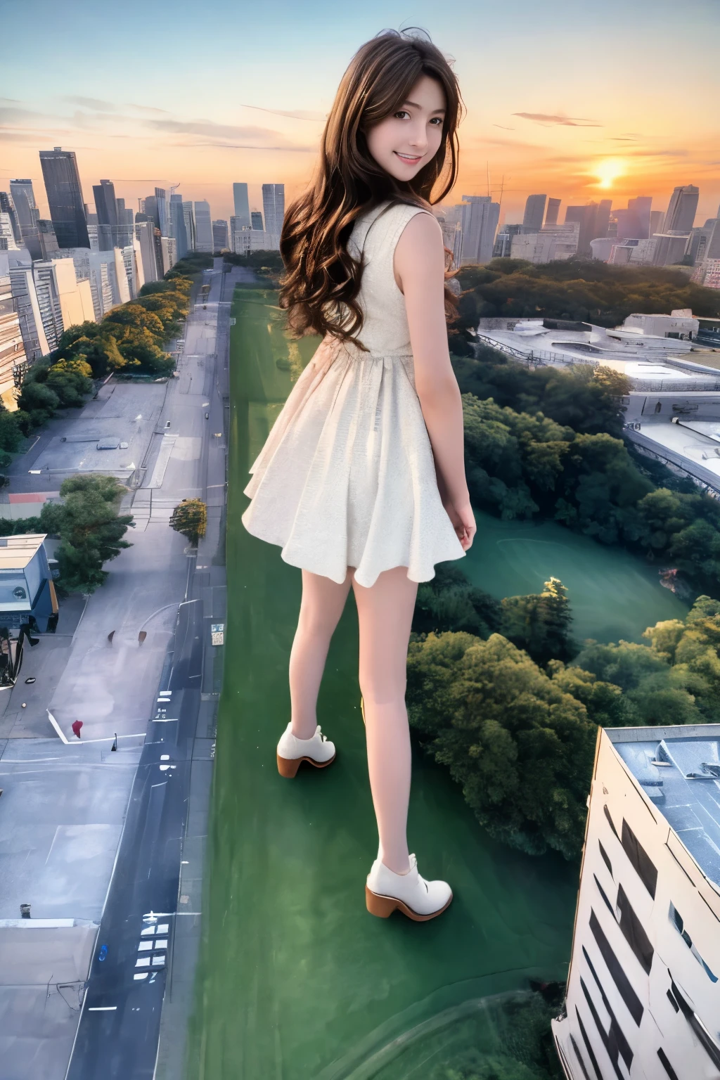 masterpiece, best quality, hyperrealistic, cinematic photo, 16 year old woman, giantess, GTS,pale skin, japanese amazing slim body, White dress, brown shoes, wavy brown hair, large legs, wide hips, perfect hands, beautiful face, perfect face, pretty japanese, youthful, smile, (blured background), modern style, from below, (high-angle shoot), aereal view, leaning forward, standing on park, (view viewer), looking back, (8k, epic composition, photorealistic, sharp focus), sophisticated background, small miniature park at sunset, sunset, sunlight, DSLR, foil grain