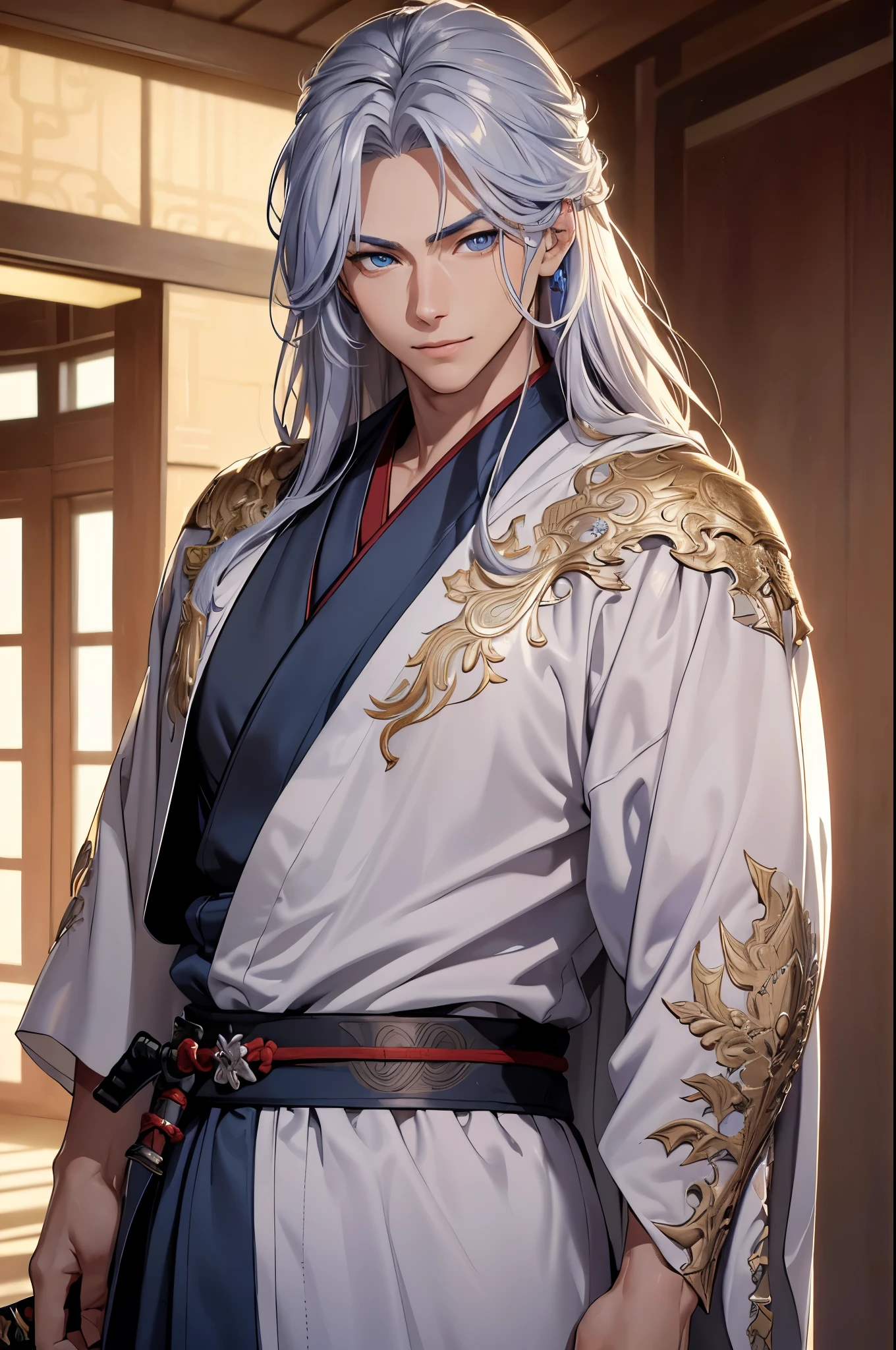 (masterpiece, Best Quality, absurdres, 8K resolution, HD wallpaper), cinematic lighting, raytracing, depth of field, Hyper Detailed, ((Solo Boy)), Handsome, Seductive smile, libido boy, long silver hair, ((crystal blue eyes, highly detailed CG, beautiful detailed eyes, super detailed)), (((samurai clothes, silk robe, intricate design))), (((background desert))), cowboy shot, looking at viewer, upper body, muscular, swordsman, sword, katana