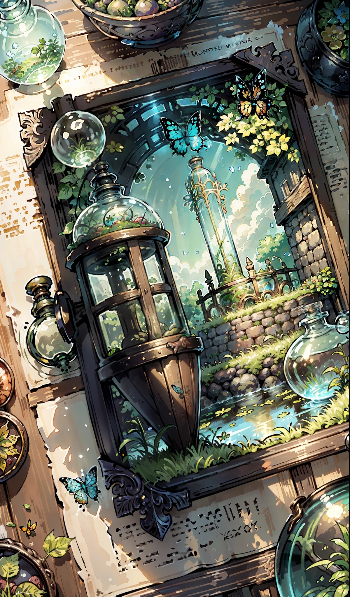 (masterpiece, highest quality: 1.2), (Super detailed), (figure), wallpaper, original, Round bottom flask, Grass, vine, water, butterfly, nature, shining, wrapped in light, Terrarium, RPG style, comics, fantasy, mobile game, (shining)