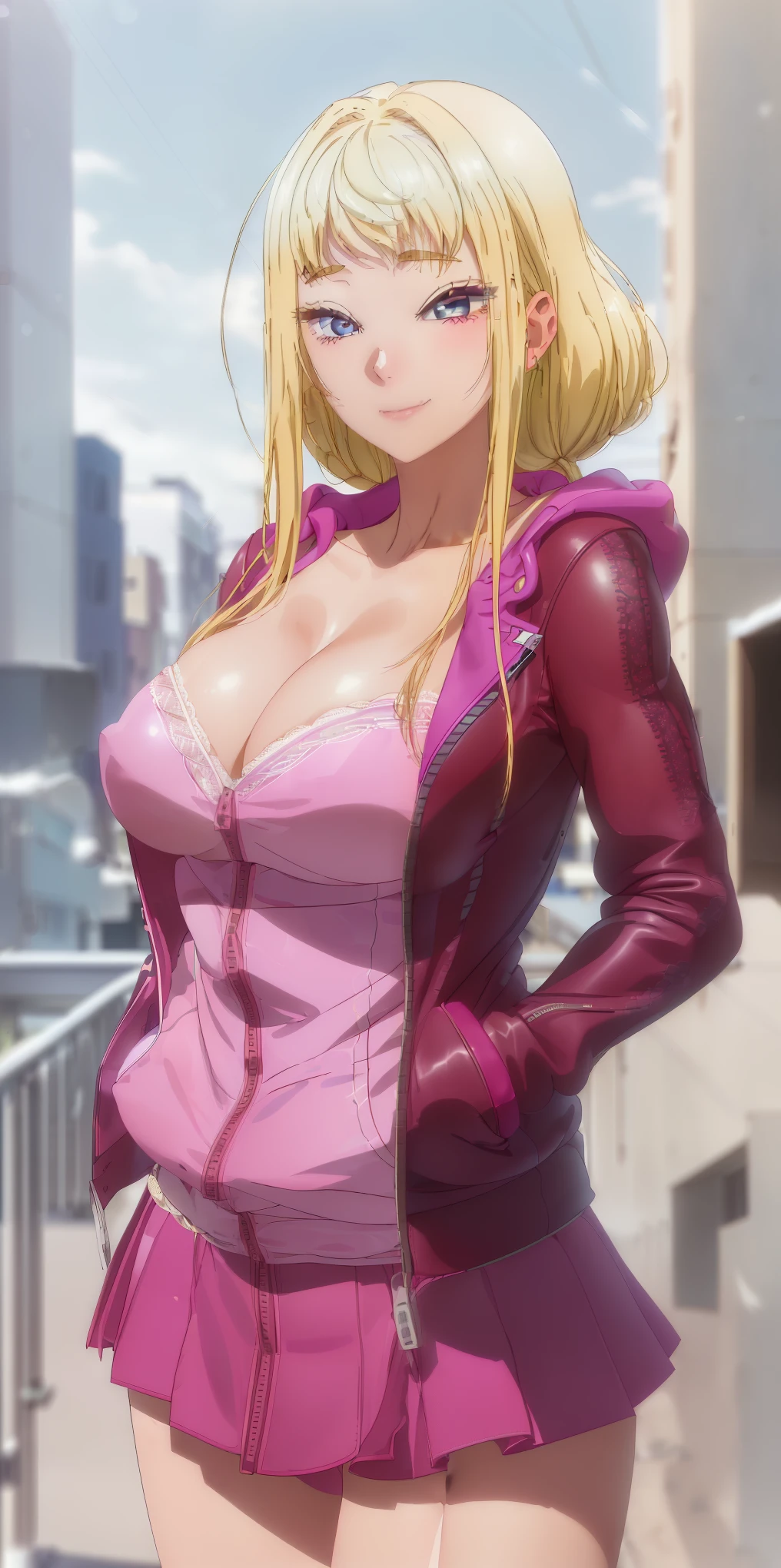 Medium breasts, she is a Beautiful Woman ((Minami Fuyuki is a beautiful gyaru)), ((blonde hair, stylish, shine, flashy hair)), double eyelids, blue and detailed eyes, hyper detailed, light effect on the eyes, detailed iris, with incredible breasts and perfect waist, and an extremely sensual body, ((leather jacket with zipper, pockets, hood, short, open in the middle of the breasts, with blouse)), ((round breasts))), makeup beautiful, cleavage, ((masterpiece, hyper realistic, hyper detailed, best quality, 16k, light and shadow effect on skin, vivid colors)), eyeliner, passionate expression, perfect pink lips, innocent and sexy face, warm smile , ((skin with light and shadow), beautifully seductive, ((she is beautiful)), sensual pose, flirting with the viewer, in a sensual pose, on a terrace, skyscrapers in the distance, city in the distance, beautifully seductive, slightly sloping body ((red skirt with lace details underneath))