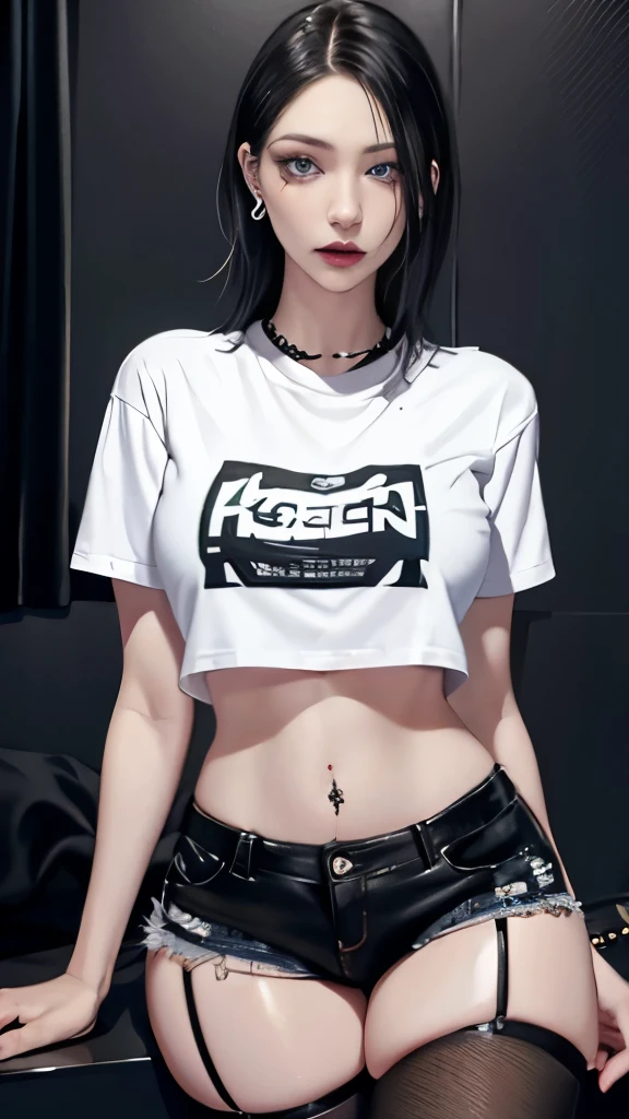 Goth woman, (goth makeup), (White skin), (a large size BIG t-shirt and skinny mini shorts), (show under ), (fishnet stockings), (navel jewellery), (pierced ears), (pierced lips), blue eyes, short messy emo hair, (bedroom background), thick thighs, BIG breasts, (8K), (wallpaper), (dynamic lighting), (detailed face and eyes:1.2)、巨乳、