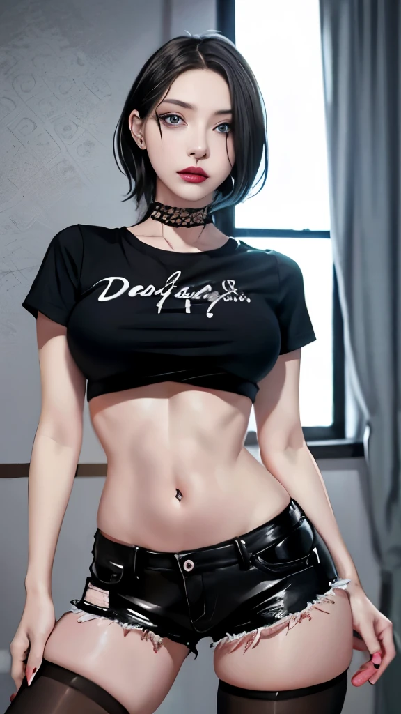 Goth woman, (goth makeup), (White skin), (a large size BIG t-shirt and skinny mini shorts), (show under ), (fishnet stockings), (navel jewellery), (pierced ears), (pierced lips), blue eyes, short messy emo hair, (bedroom background), thick thighs, BIG breasts, (8K), (wallpaper), (dynamic lighting), (detailed face and eyes:1.2)、巨乳、