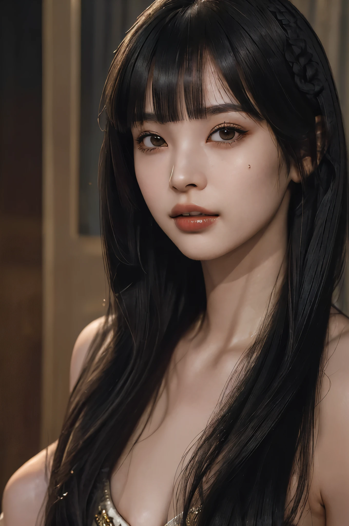 (masterpiece, best quality, beautiful quality, lifelike, looking at the audience, detailed lighting, extremely fine skin, extremely fine hair, extremely detailed teeth, shadow, 8k:1.2), (photo of a woman, 1 girl, blunt bangs, Egyptian Bob Hairstyle:1.2),