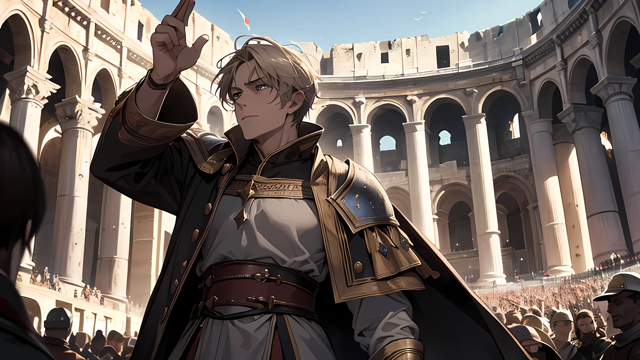 gladiator, colloseum, the arena filled with crowds, so many spectators, there is one man as master ceremony, medieval times, Now then, the orator said, raising his voice again