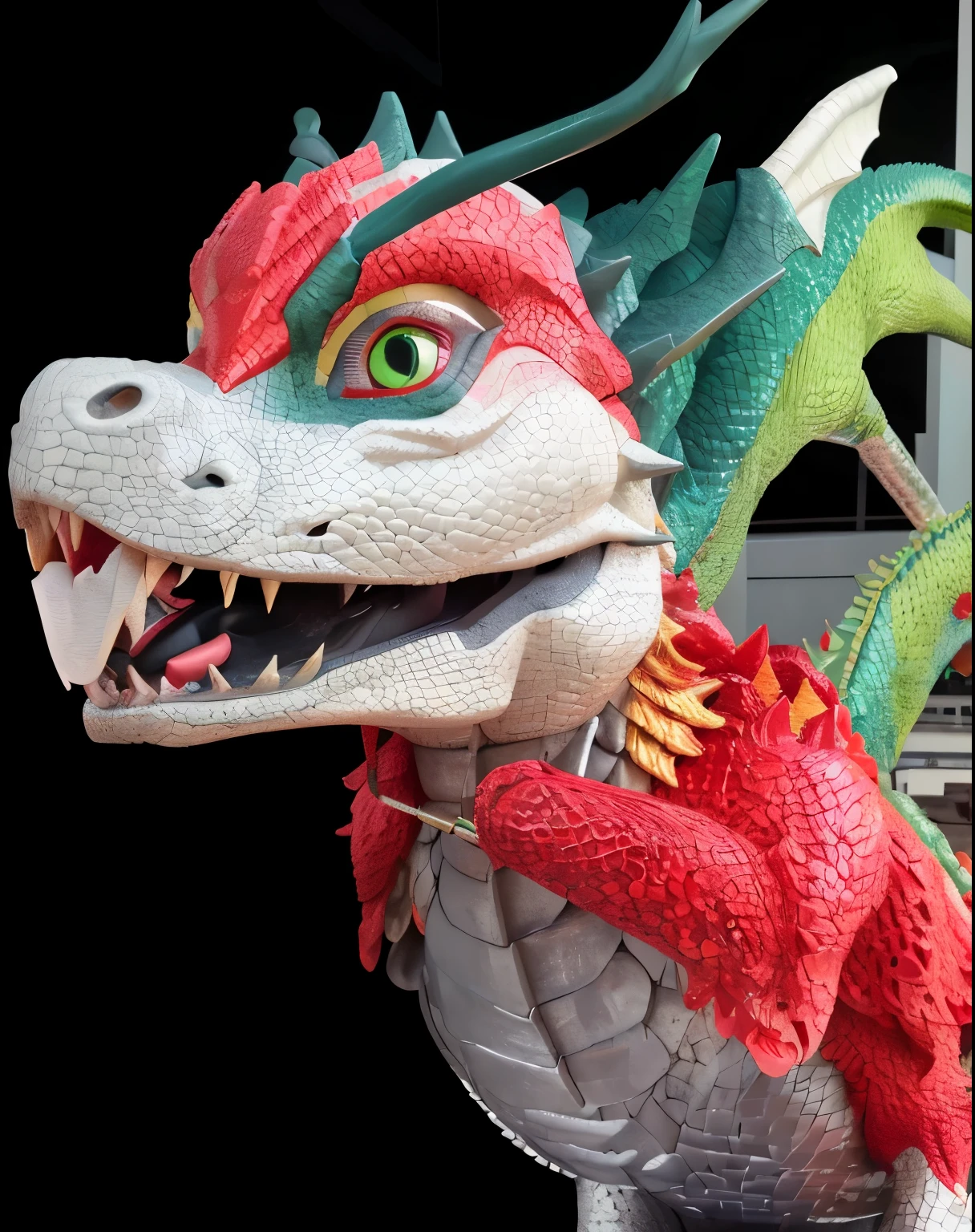There is a dragon statue,There was a cyclist on it, as an anthropomorphic dragon, wearing a dragon mask, but as an anthropomorphic dragon, anthropomorphic dragon, lifelike puppets, with faucet, faucet, Lifelike and lifelike dragon, Sculpted dragon-like features, stuffed dragon, Male human dragon
