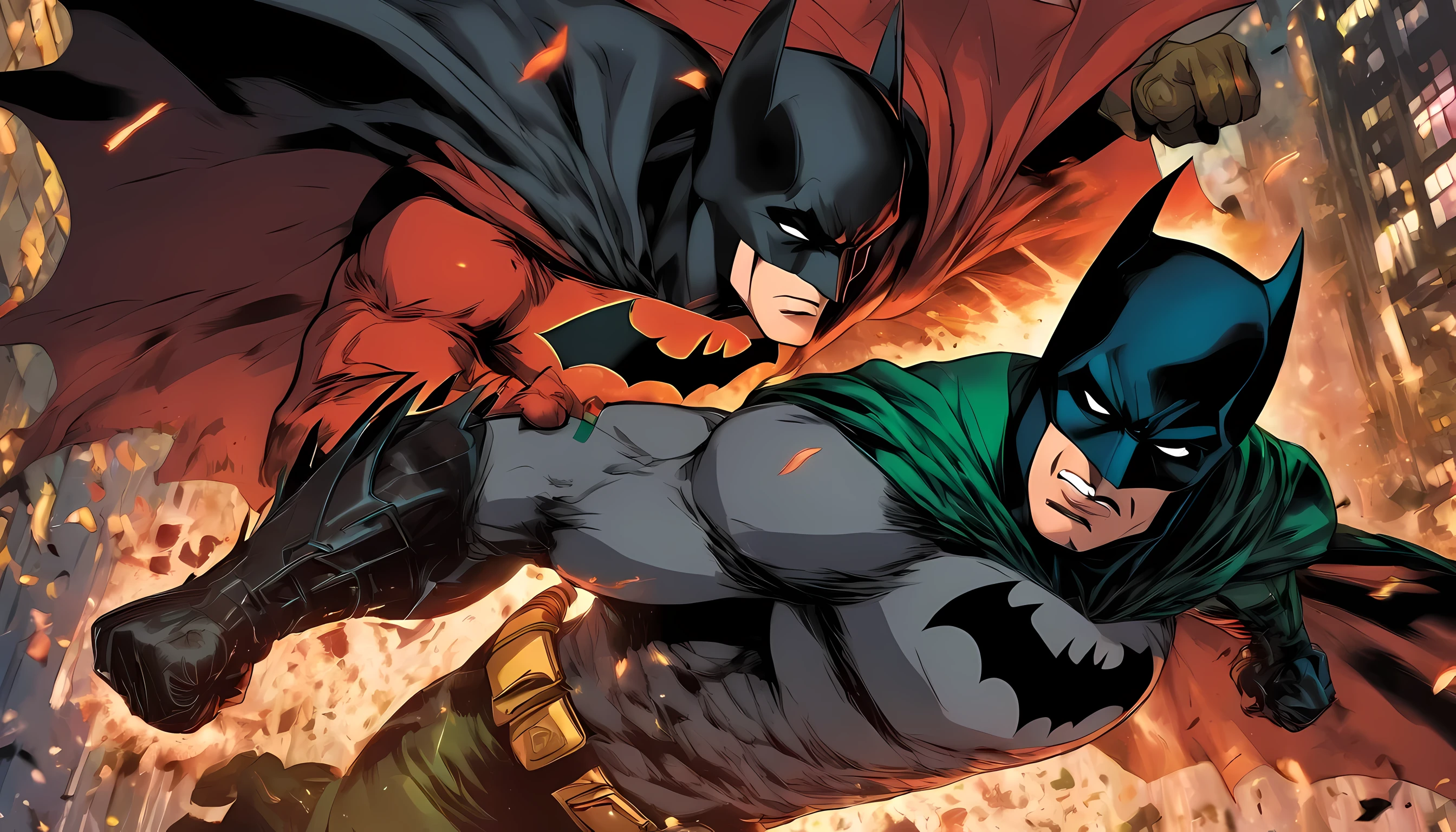 fighting scene between batman (bruce wayne) and robin (damian wayne), punching each other