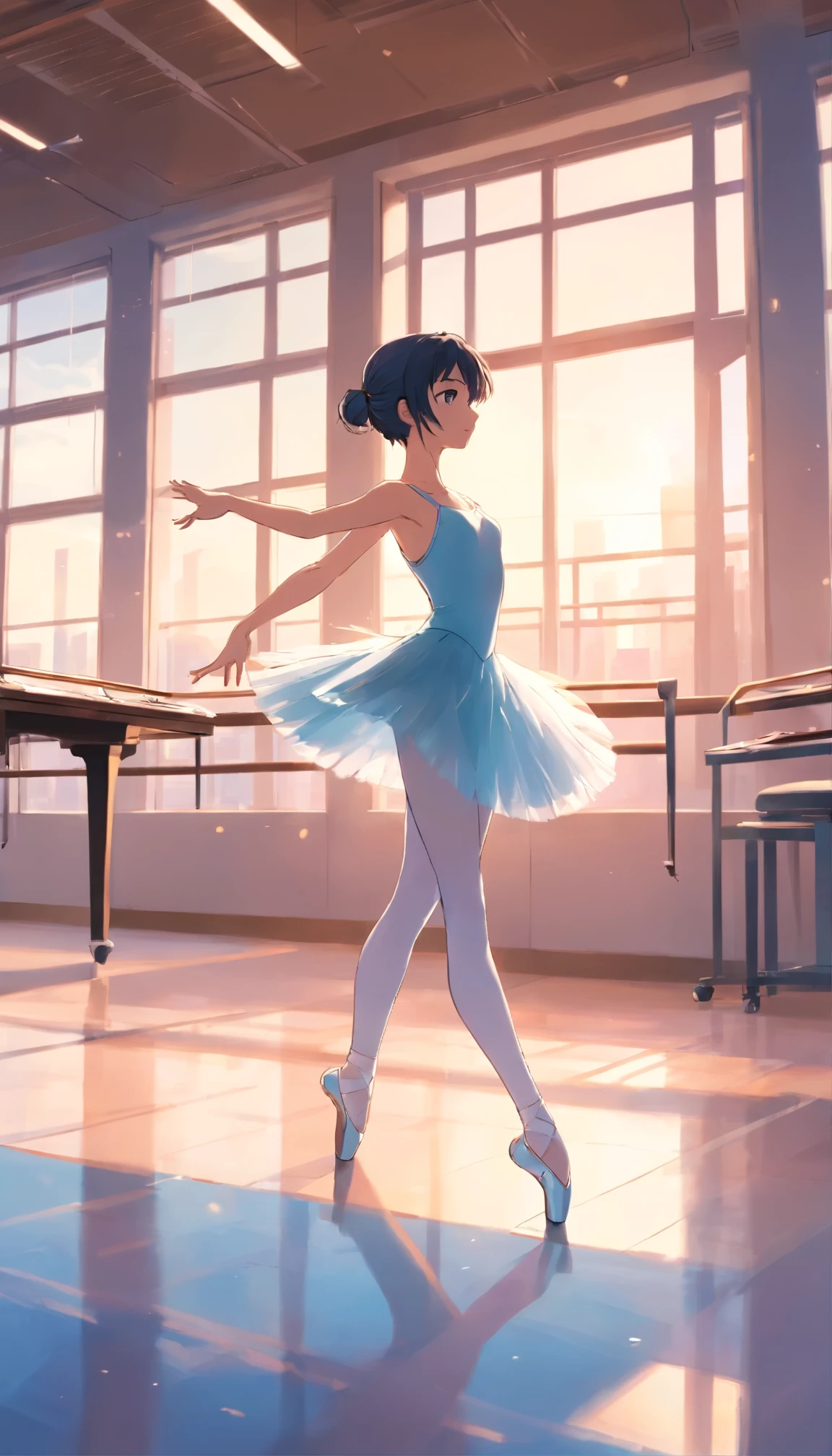 best quality, masterpiece, ultra high resolution, realistically, 1 girl,light blue long hair、black eyes,Eotard in the bright white valley、(Ballet set)Fully understand,black stockings,High heel,dance ballet,Practice room,wide angle、Second Love