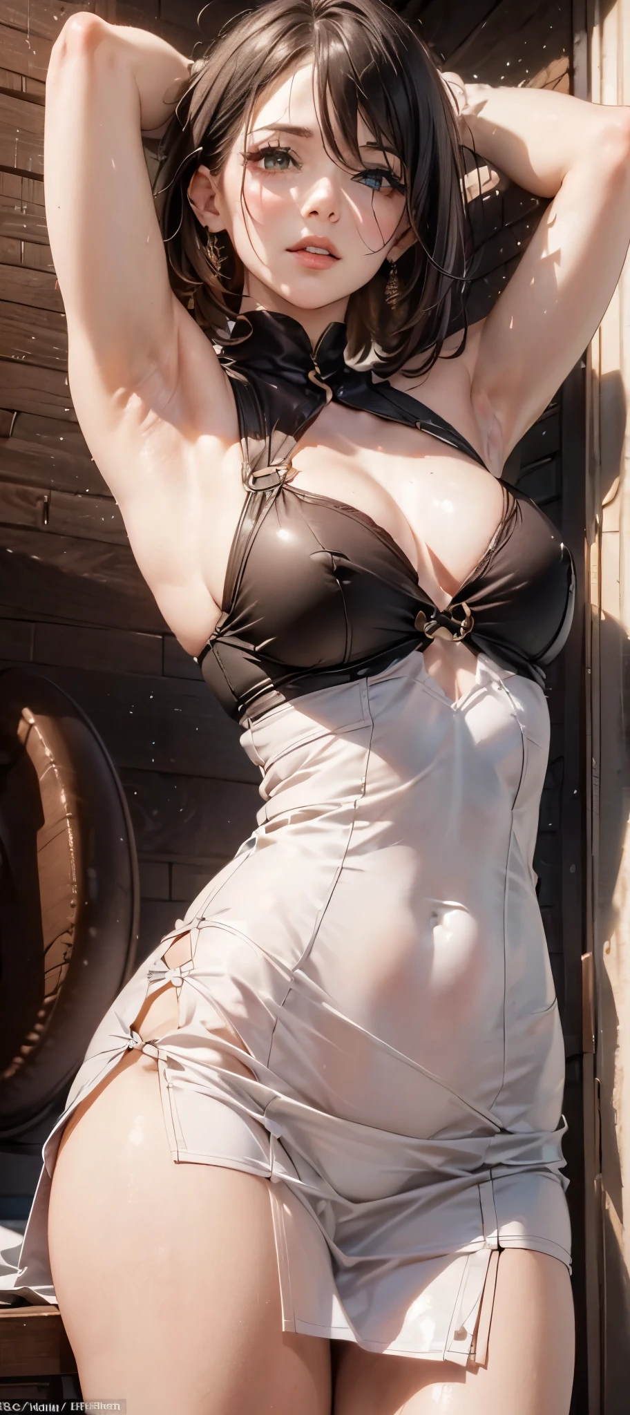 (1girl:1.3), (photorealistic:1.4), (masterpiece, top quality, best quality, official art), extreme detailed, highest detailed, (ultra-detailed), ((an extremely delicate and beautiful)), cinematic light, (, sexy, upper body, shy look, tight dress, aroused look, lips apart, moaning, white hair, messy hair, , getting intimate, love scene, laying on sofa, underboob), (((armpit fold))), (((exposed back)))