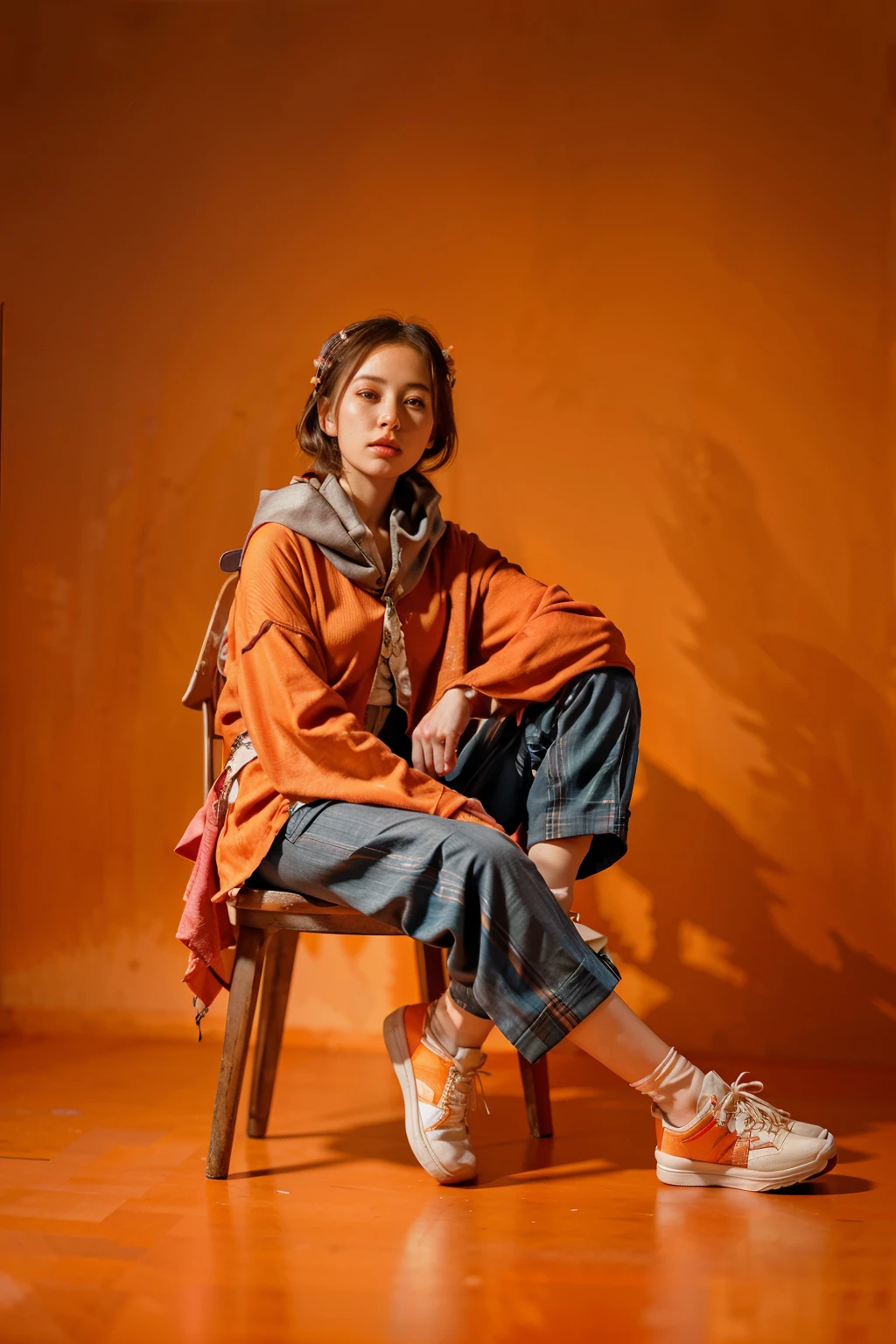 arafed woman sitting on a chair with a scarf on, casual photography, casual pose, inspired by Naza, by Basuki Abdullah, orange color tone, inspired by Nazmi Ziya Güran, shot on canon eos r 5, shot on canon eos r5, by Abidin Dino, wearing casual clothes, in front of an orange background