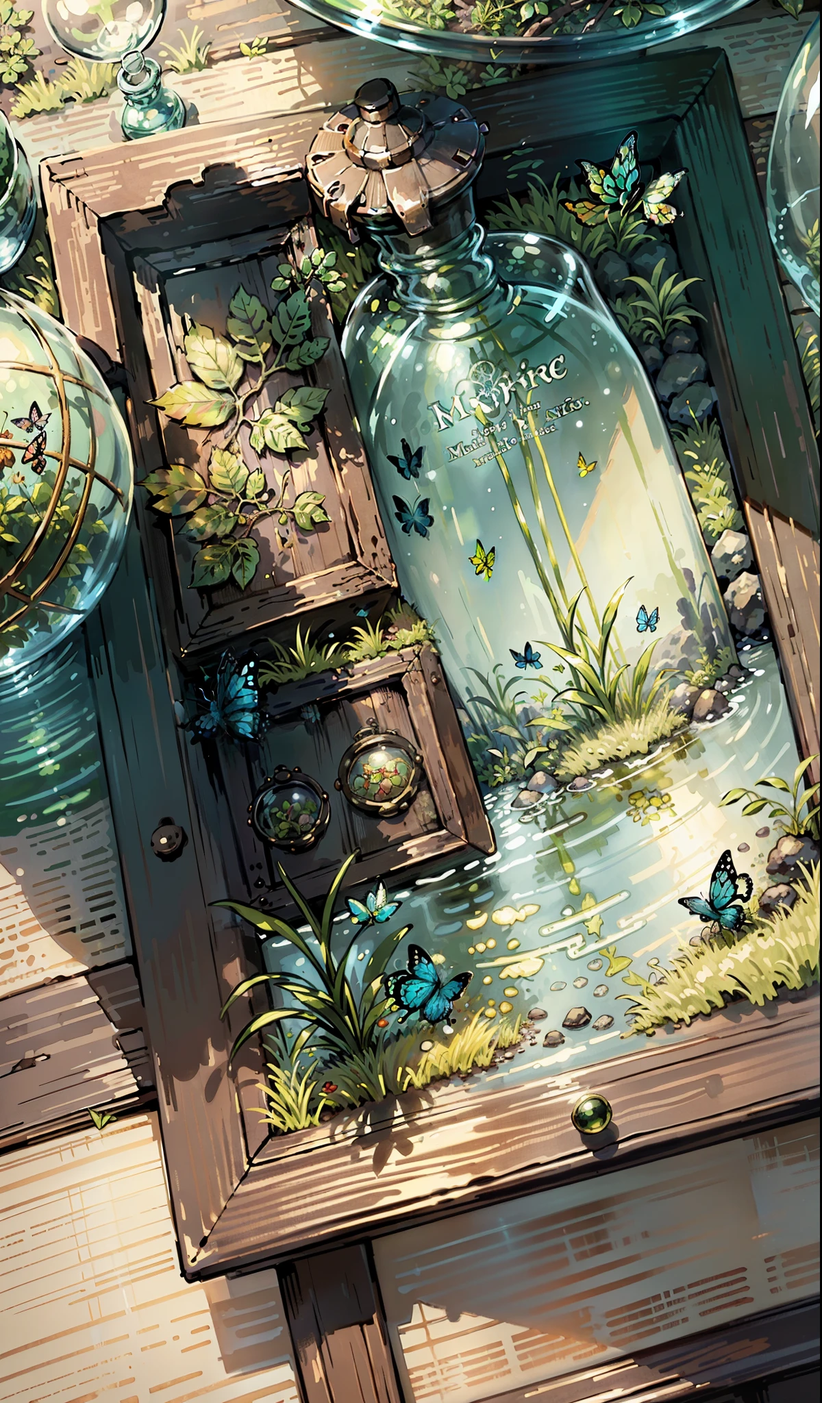 (masterpiece, highest quality: 1.2), (Super detailed), (figure), wallpaper, original, Round bottom flask, Grass, vine, water, butterfly, nature, shining, wrapped in light, Terrarium, RPG style, comics, fantasy, mobile game, (shining)