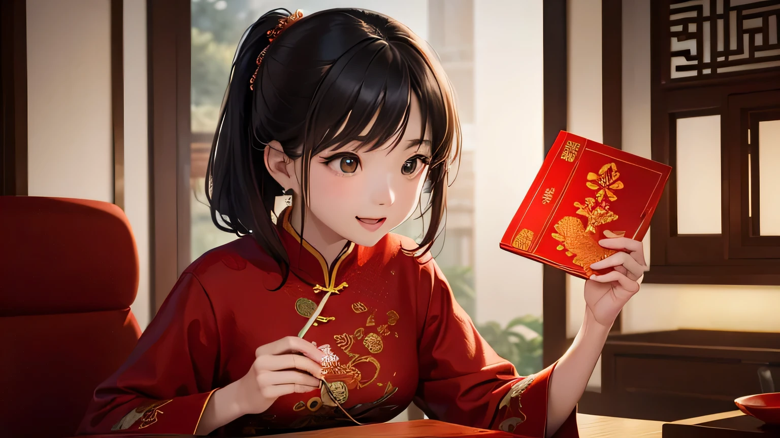 (masterpiece, top quality, best quality, official art, Beautiful and beautiful:1.2), (1 girl:1.3), (fractal art:1.3),Woman in red sweater holding red envelope with Chinese writing, a still of a happy, she expressed joy, Wearing a red cheongsam, chinese woman, Still in the movie, still from live action movie, portrait shooting, holding a gift, full color still, Still in the movie, Shot with arri alexa mini lf, Chinese girl, Still inside
