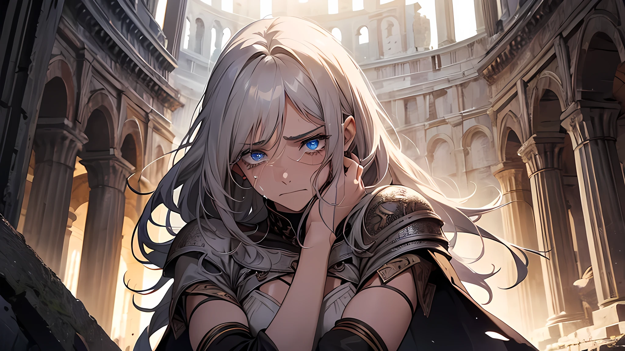 beautiful lady, torn clothes, gladiator, colloseum, medieval times, face full of emotions, scared, crying, detailed face, detailed nose, detailed eyes