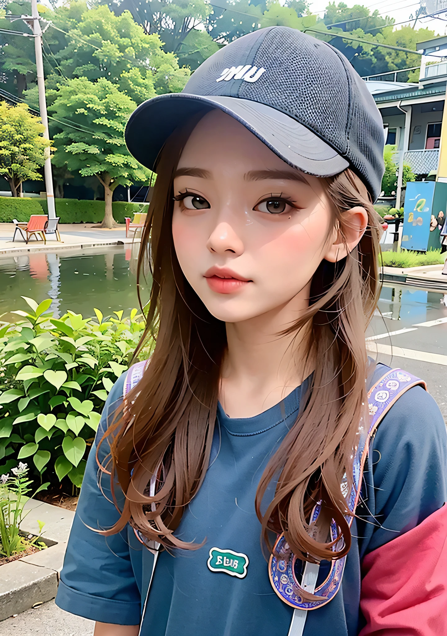 ผู้หญิง24 years old อาราฟสวมหมวกและสร้อยคอยืนอยู่หน้าแม่น้ำ., My name is Chandra.., 24 years old, A cute girl with a sweet Asian face.., young asian girl, 24 years old,Walking in Bangkok,Capital