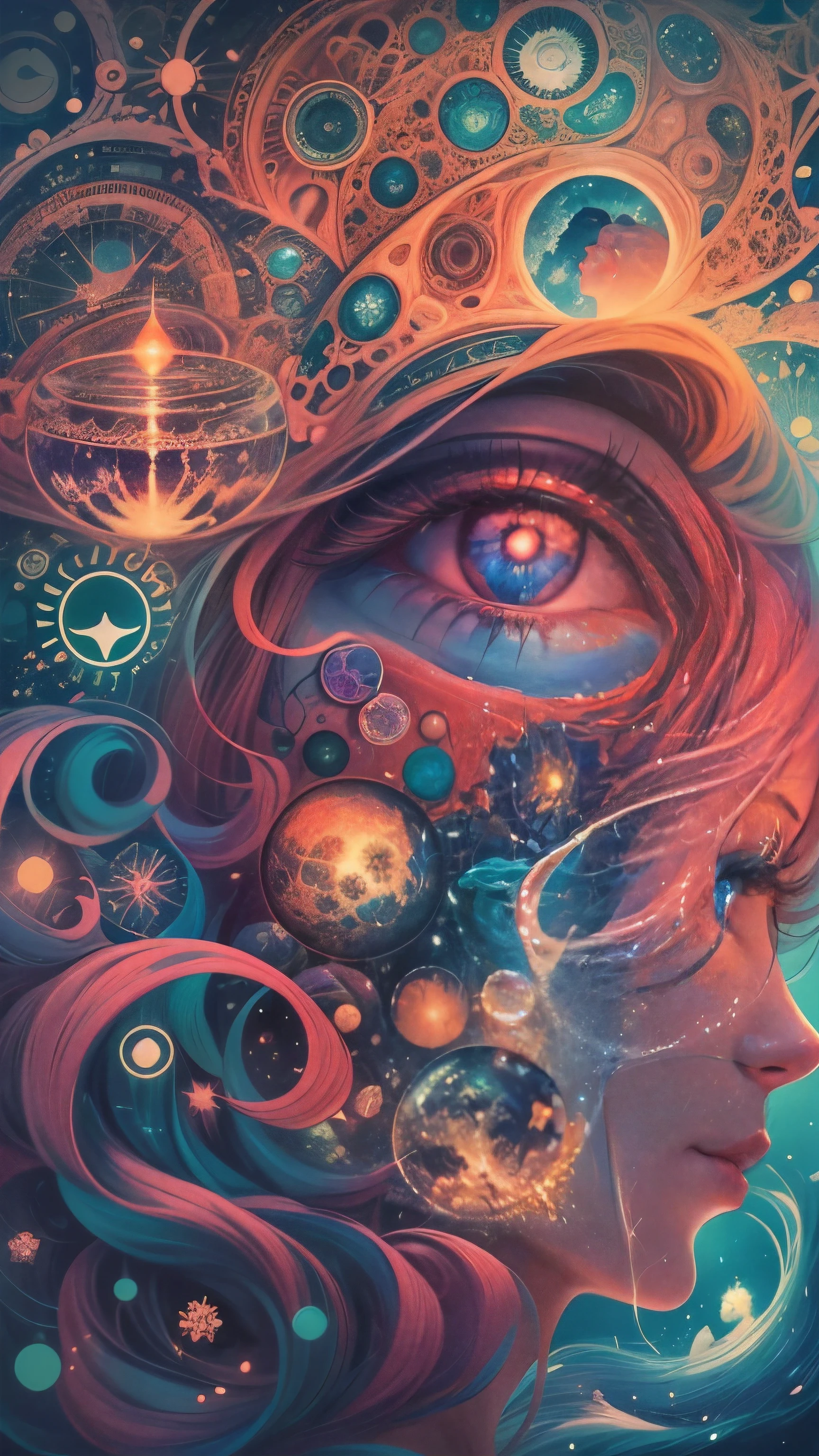 Obra maestra, 4k, Ultra Resolution, Best image resolution, Stunning illustration depicting a person's inner universe, mostrando sus pensamientos, Emotions and dreams in a surreal and magical landscape. Use vivid colors and meaningful symbols to reflect the complexity of the human mind.