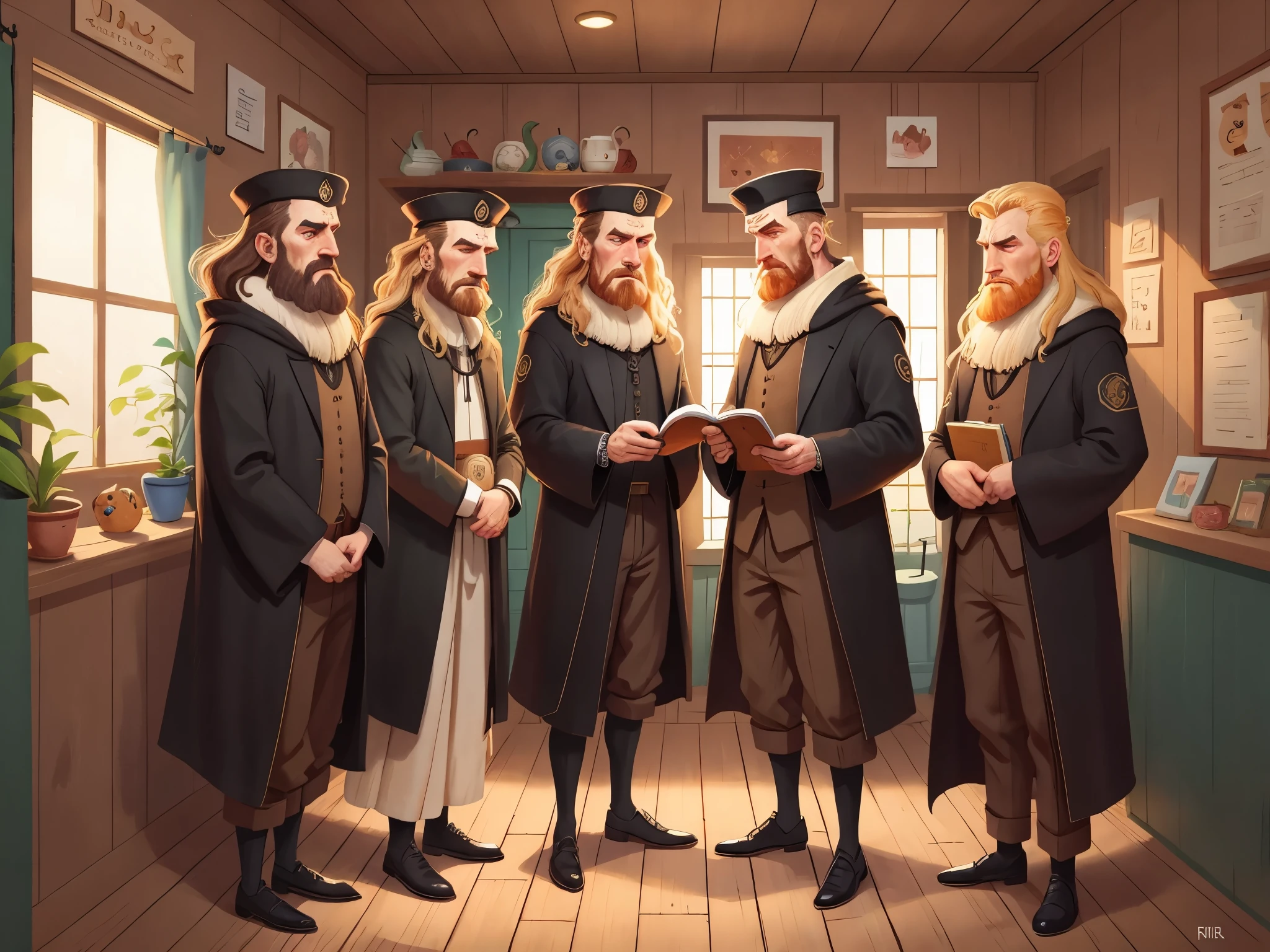 [[[Ultra detailed, best quality, beautiful, 4K, detailed faces, medieval story]]], serious, a group of tall men in black robes with serious expressions, blond hair, dignified mysterious people, standing in a wooden house Front, colorful children's book illustrations