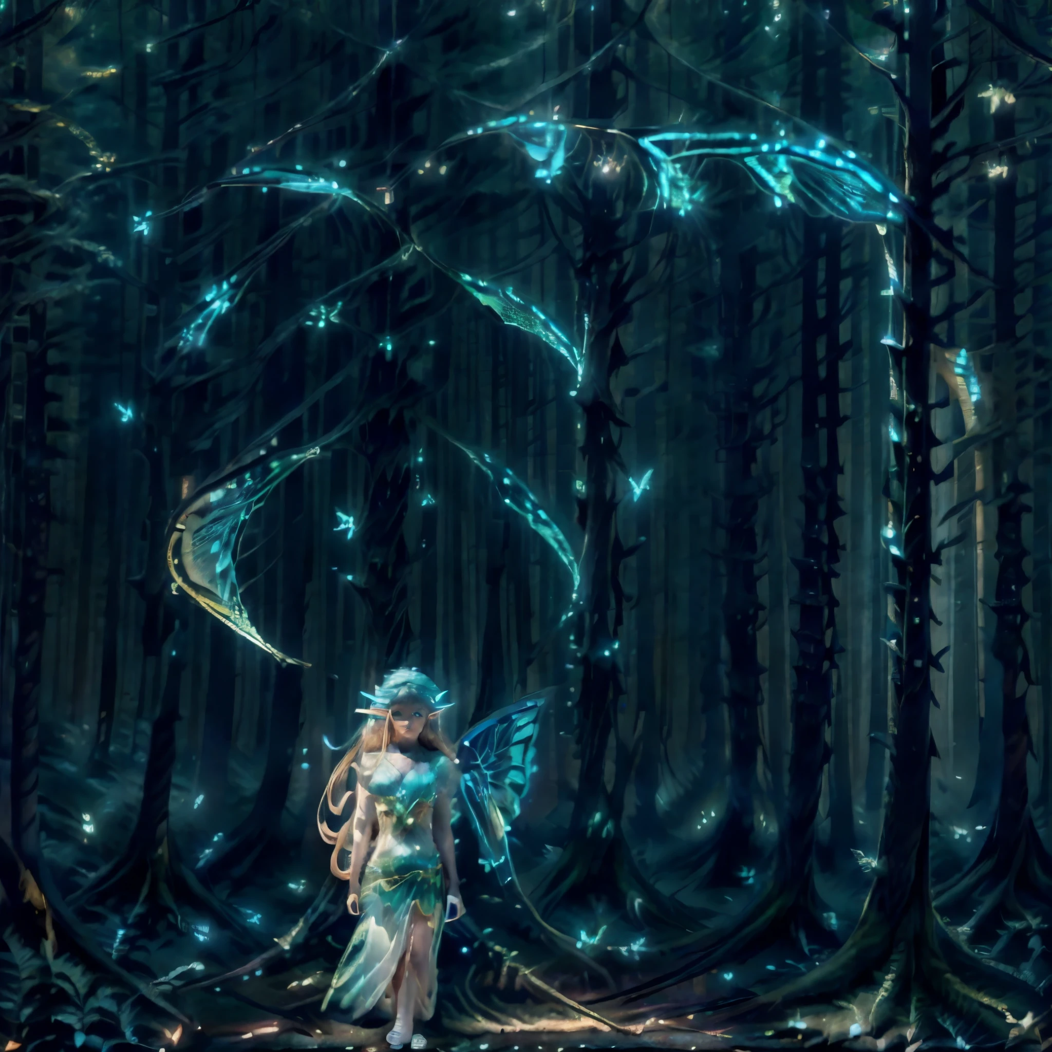 Introducing a captivating character, a Fairy ginger named Lyra, radiating ethereal beauty in a professional photograph. With hair the hue of blue, her eyes twinkle with an insatiable curiosity and wonder. Donning glimmering butterfly wings, they shimmer in the luminous, intricately detailed forest environment. The scene is set with epi_noiseoffset, adding a subtle texture to the dark shot taken during the stillness of the night. Lyra's delicate features are accentuated through soft, cinematic lighting, casting an intriguing magical forest atmosphere reminiscent of an octane render. Amidst the dark, detailed and intr