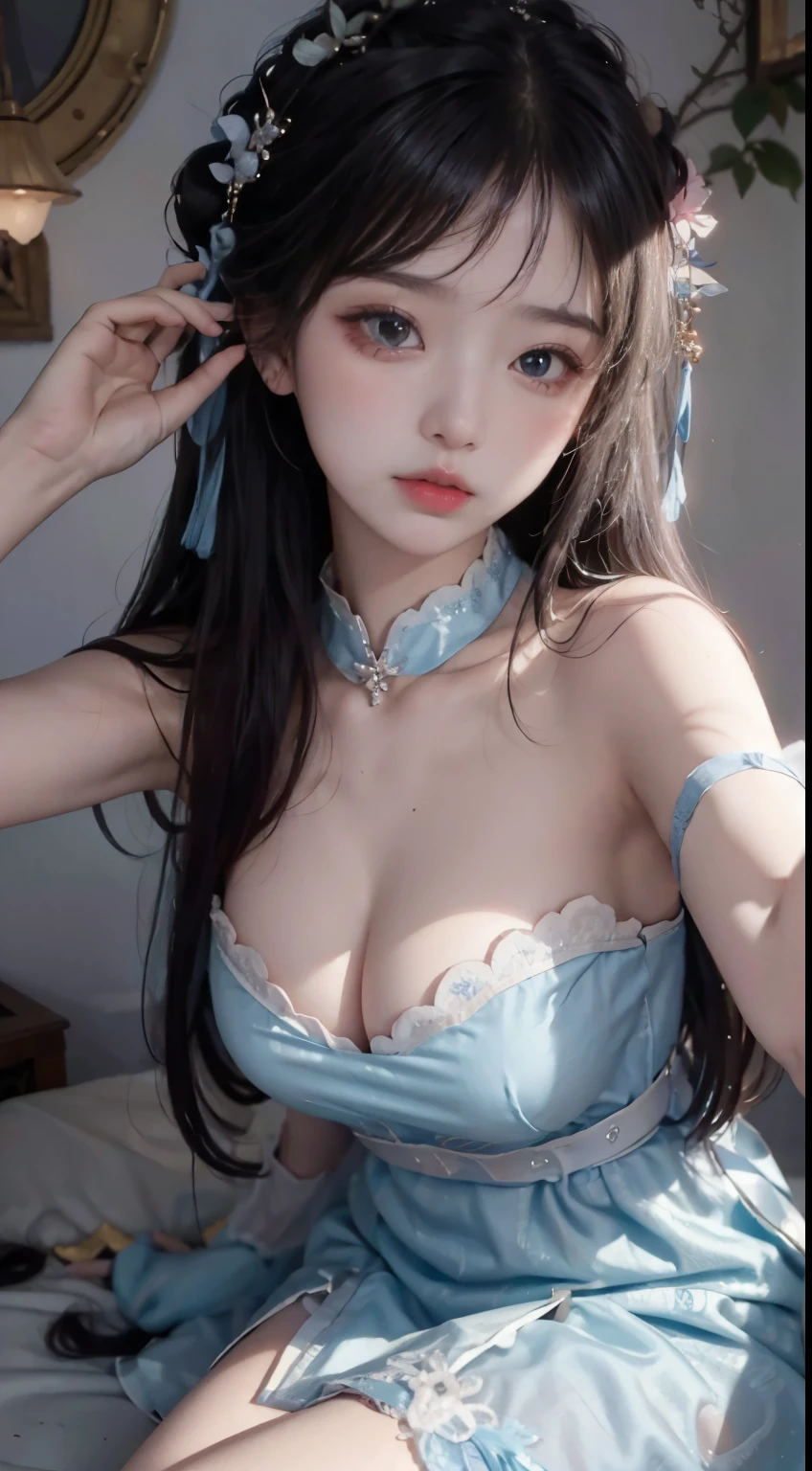 qualité supérieure, la plus haute qualité, meilleure qualité d'image, Détails exagérés, une jolie asiatique de 8 ans avec une expression timide, Yeux légèrement plissés, ajuster ses cheveux, long cils (Cheveux longs / très, très exaggerated big breasts, gros seins / en tissu pour jupon, ), posant assis devant la caméra, Hanfu au sein mouillé, vêtements de poitrine ouverts en V, xianxia complet du corps, accessoire diamant, open V-chested clothes royal, Wet body of thin silk fabric, Thin silk lace dress, (huge ,cleavage),, white pink, blue ,best qualtiy,tmasterpiece,超高分辨率,(真实感:1.4),RAW photogr,(True skin texture:1.3),(filmgrain:1.3),(Selfie angle),1个Giant Breast Girl,Beautiful eye and face details,tmasterpiece,Best quality at best,,The chest more exposed, detailed hair, bra pink , detail 8k, upper body,