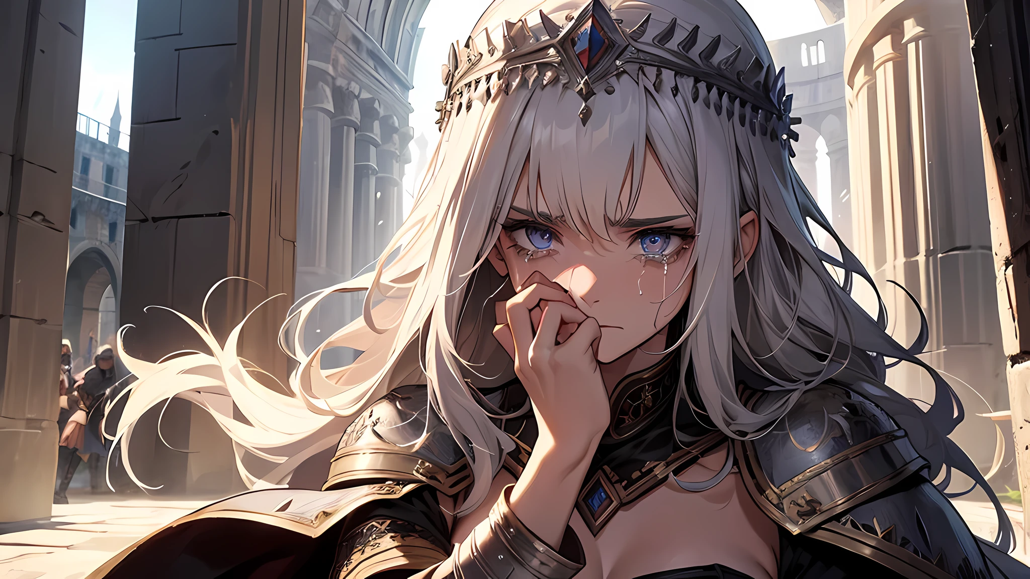 beautiful lady, torn clothes, gladiator, colloseum, medieval times, face full of emotions, scared, crying, detailed face, detailed nose, detailed eyes