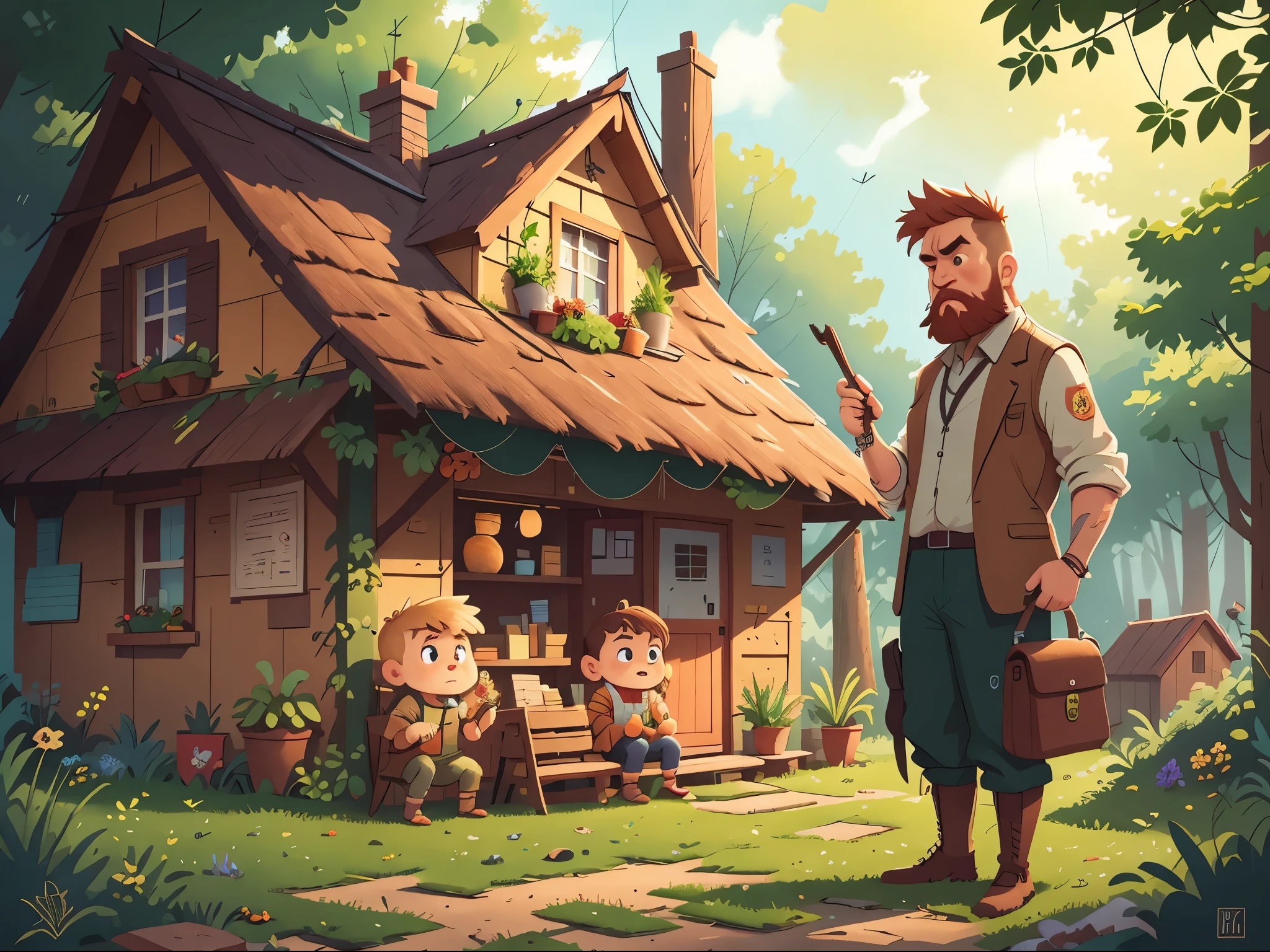 [[[Ultra-detailed, best quality, beautiful, 4K, detailed faces, medieval stories]]], Serious, blond-bearded middle-aged man, with a wooden house in the background, blond-haired middle-aged man with sad expression, Colorful children's book illustrations