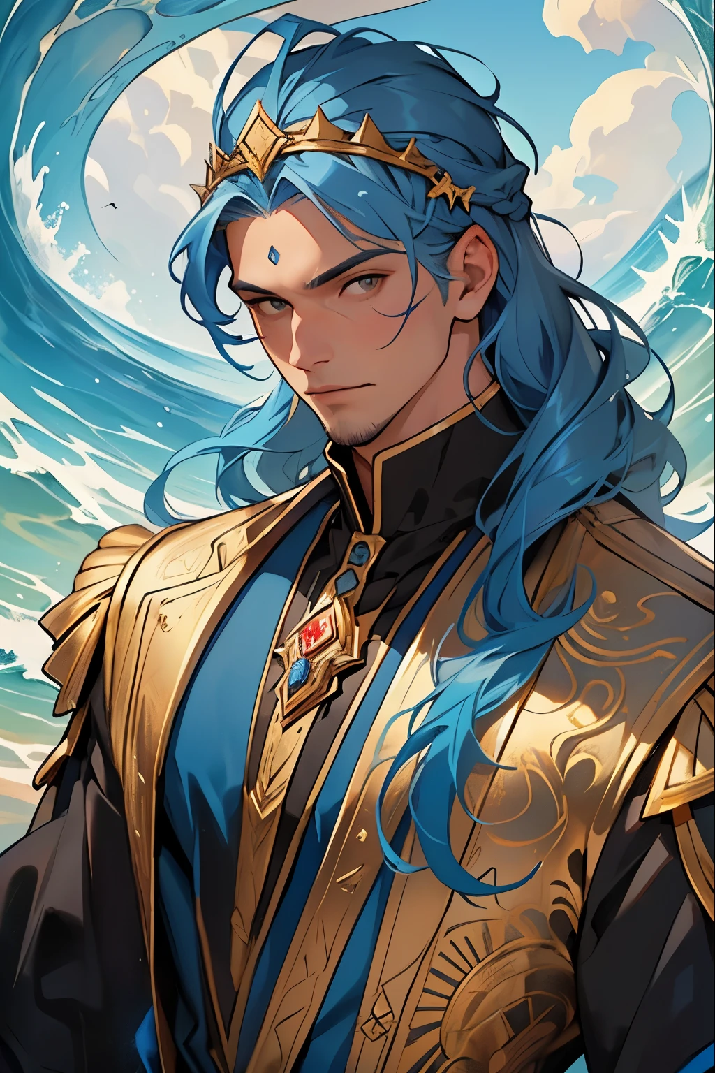 ((best quality)), ((masterpiece), portrait of a mature 30 years old man, with gold forehead tiara, blue hair, physique model, black and blue mystic clothes, wave