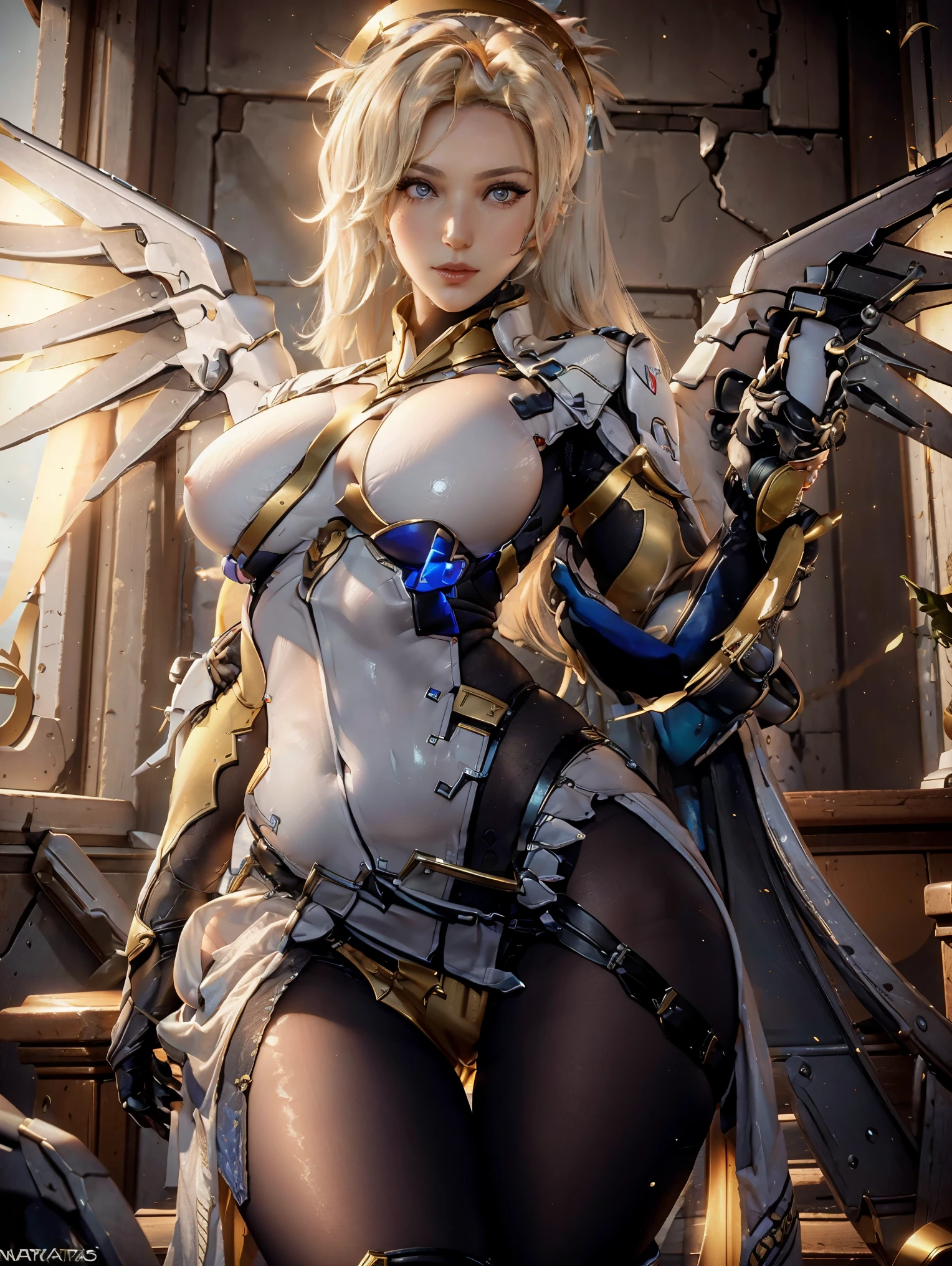 Una mujer atractiva y muy sexy(Mercy from Overwatch), detalles intrincados, maximum definition, maximum resolution, 8k, formato RAW, posando sexy en el suelo con piernas abiertas, pose sugerente, nsfw, professional shot, medium tits AND big hips, natural tits physics, detalled face and eyes, hyperealism, diosa majestuosa, presenting her atributos
