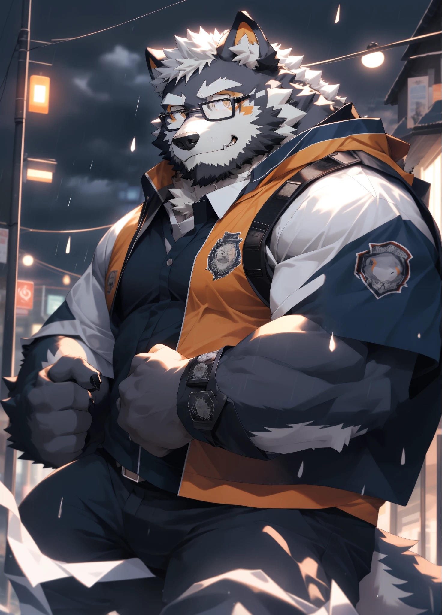 hairy,(Wolf,Black-rimmed glasses,Orange firefighter costume),beard,white fur,male,Common,full-body shot, dynamic poses,smirk,rainy day,night,dark night,Detailed background,极其lifelike阴影,masterpiece,Very detailed,lifelike