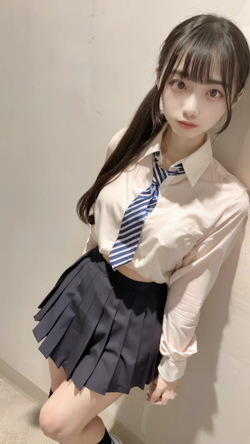 20歳,女子高生,室内,white collared shirt, navy striped tie, pleated skirt, micromini skirt, white socks, loafers, school shoes,
