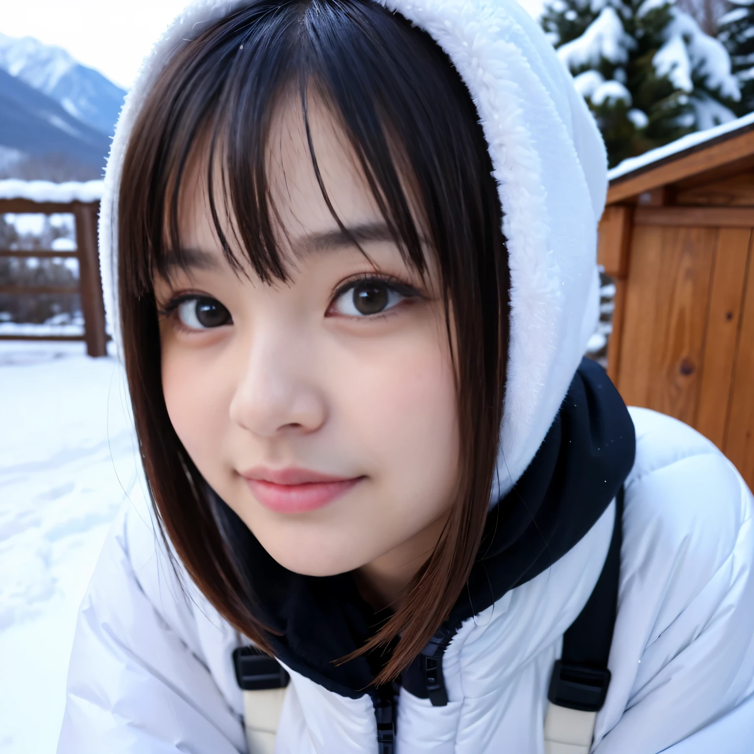 Best-quality, Masterpiece, Ultra-High-Resolution, (Photorealistic:1.4), Raw-Photo, 1girl, -yeld, thost famous Japanese idol, having fun at heavy-snowy-mountain, wearing winter-clothes, extremely cute face like a most popular Japanese idol, ((extremely beautiful big-black-eyes)), extremely beautiful black-short-cut-haired, extremely beautiful long-eyelashes, extremely beautiful lips, extremely beautiful skins