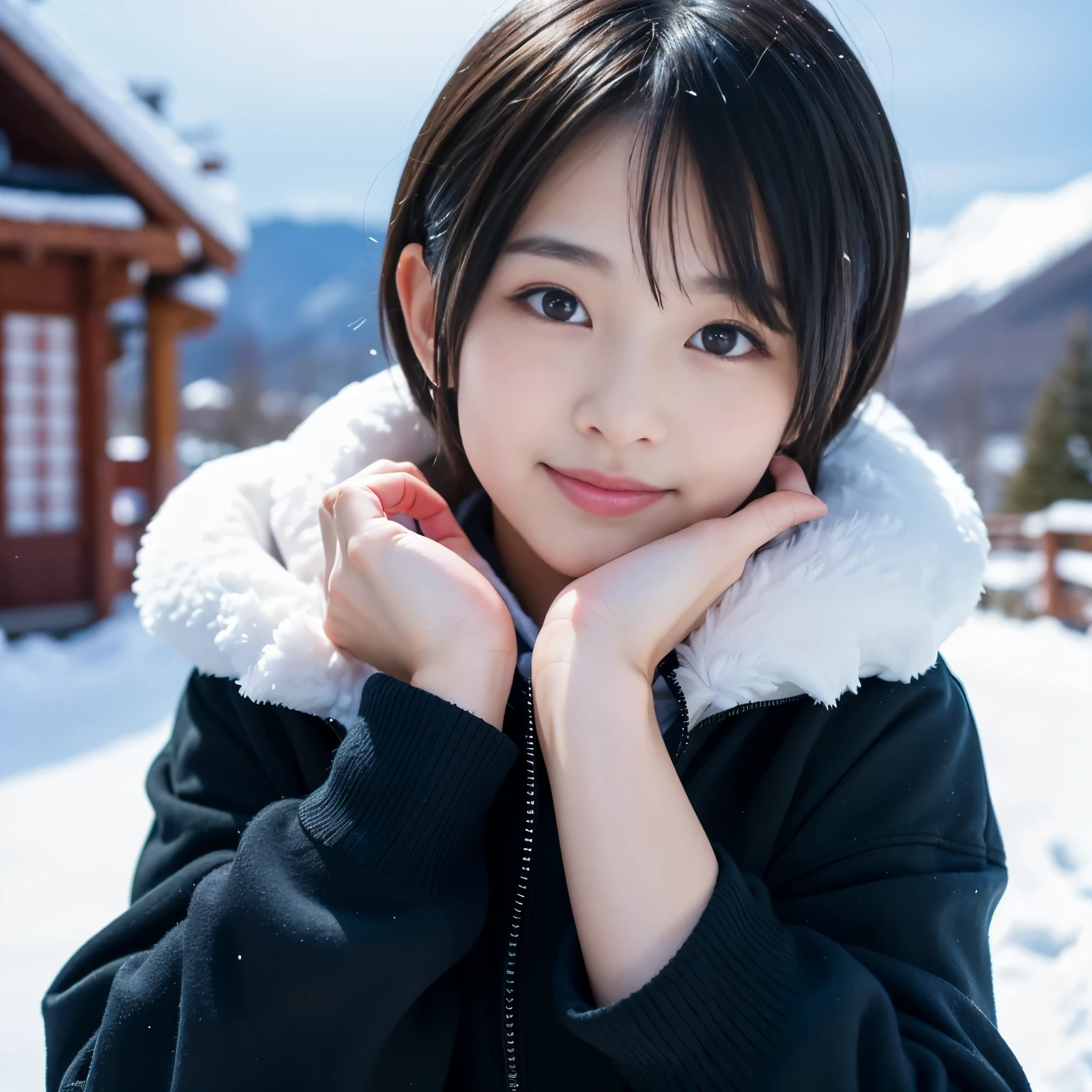 Best-quality, Masterpiece, Ultra-High-Resolution, (Photorealistic:1.4), Raw-Photo, 1girl, 15-years-old, the most famous Japanese idol, having fun at heavy-snowy-mountain, wearing winter-clothes, extremely cute face like a most popular Japanese idol, ((extremely beautiful big-black-eyes)), extremely beautiful black-short-cut-haired, extremely beautiful long-eyelashes, extremely beautiful lips, extremely beautiful skins