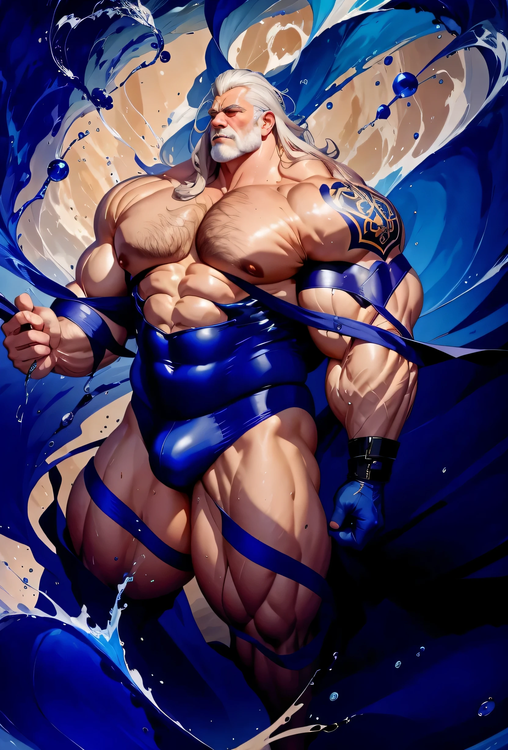 A burly older man, muscular, huge pecs,Tie blue ribbon,Extremely muscular