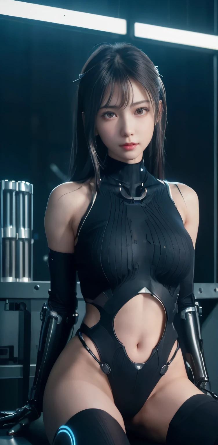 masterpiece、((black sweater))、 ((plug suit)), ((beautiful girl:1.2))、no arms、no clavicle、bare shoulders、mechanized body、Mechanized chest and abdomen、mechanized occiput、Mecha leg rack metallic suit that fits perfectly to the body、 Are standing、tied up、金属robot、((cyberpunk background))、(neon light)、(Futuristic machine factory background)、Cyberdyne、artificial body、All metal body、ironwork、abdominal mechanism、((robotアームとハンド))、((robotの足))、((machine neck))、Inside the spaceship、beautiful girl、、asian beauty, (Actuator and cable exposed from abdomen.、金属製robotの首から胴体までつながっている、Complex 3d rendering beautiful porcelain profile super get used to itd female android face、cyborg、robot部品、150mm、Soft light in a beautiful studio、rim light、vivid details、gorgeous cyberpunk、Ren Hao、超realistic、anatomical、facial muscles、cable wire microchip、elegant、beautiful background、octane rendering、HR giger style、8K、highest quality、masterpiece、enlightenment、very delicate and beautiful、 非常にget used to itなCG、unity、wallpaper、(realistic、Photoreal:1.37)、wonderful、get used to it、masterpiece、highest quality、official art、Highly get used to itd CG unity 8k wallpaper、absurd、incredibly absurd、、robot、silver bead body esbian、sit on top