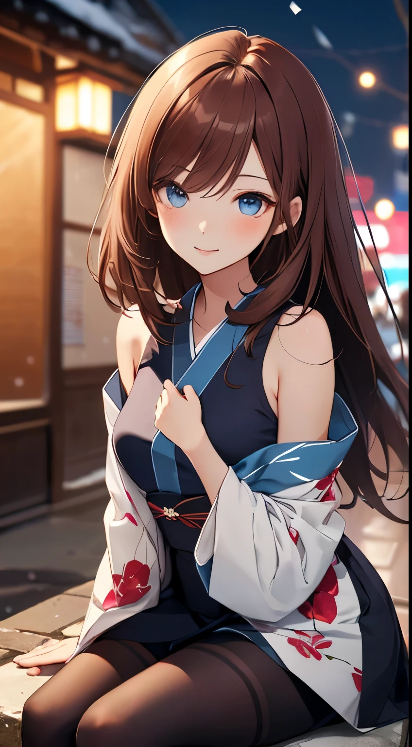 ((masterpiece, best quality, high resolution, ultra high definition, Pixel perfect, depth of field, 4K, RTX, human development report))), 1girl in, single, alone, Beauty、see whole body、 ((long hair, Short Liuhai, reddish brown hair)), ((blue eyes, beautiful eyelashes, realistic eyes)), ((Detailed face, blush:1.2)), ((smooth texture:0.75, lifelike质感:0.65, lifelike:1.1, Anime CG style)), medium breasts, Perfect body, (( Japanese Yukata,Fold skirt,Black tights)), Smile, Sitting in a hot spring in a charming position, (wind blows hair，bare shoulders、exposing her chest、Black tights) , It snows at night