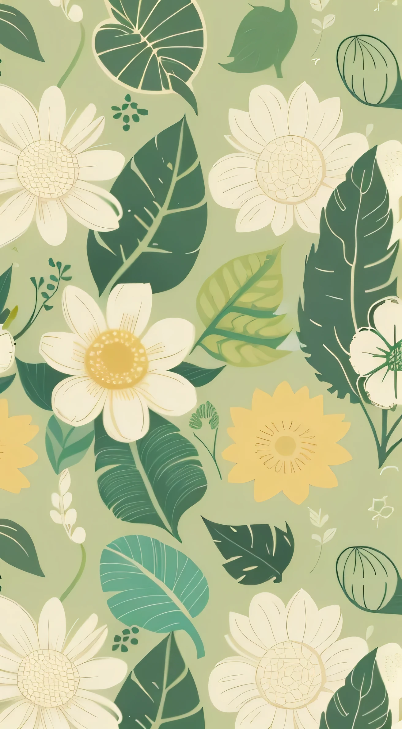 a plant、berry、ferns、fronds、Small flower pattern、Defined shape、Flat style、Vector style、drawing style、Naive style、wallpaper style、Soft pastel colors。There are no shadows in the image。