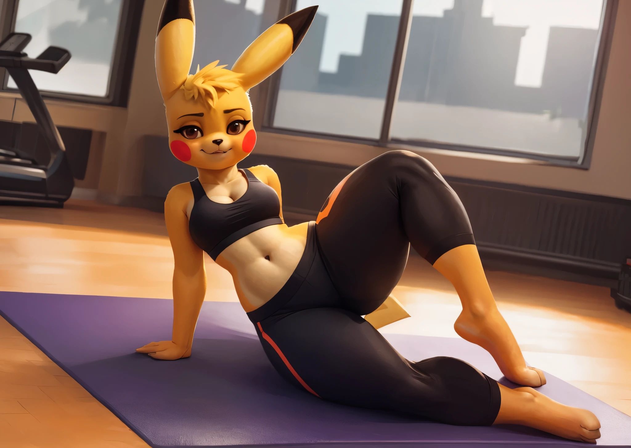 [pikachu], [Uploaded to e621.net; (Pixelsketcher), (napalm_express), (twistedterra), (wamudarws)], ((masterpiece)), ((HD)), ((high res)), ((solo portrait)), ((full body)), ((furry; anthro)), ((detailed shading)), ((beautiful render art)), {anthro; yellow fur, black nose, (pointed pikachu ears), (red pikachu cheeks), (female pikachu tail), (cute brown eyes), (half-closed eyes), (short yellow hair bang), (medium boobies), (curvy wide hips), (thick thighs), (beautiful legs), (beautiful feet), (smug grin)}, {(red sports bra), (navel), (cleavage), (yoga pants)}, {(on yoga mat), (laying on side), (legs spread open), (looking at viewer)}, [background; (gym), (workout equipment), (window), (blue sky), (sun rays), (ambient lighting)]

