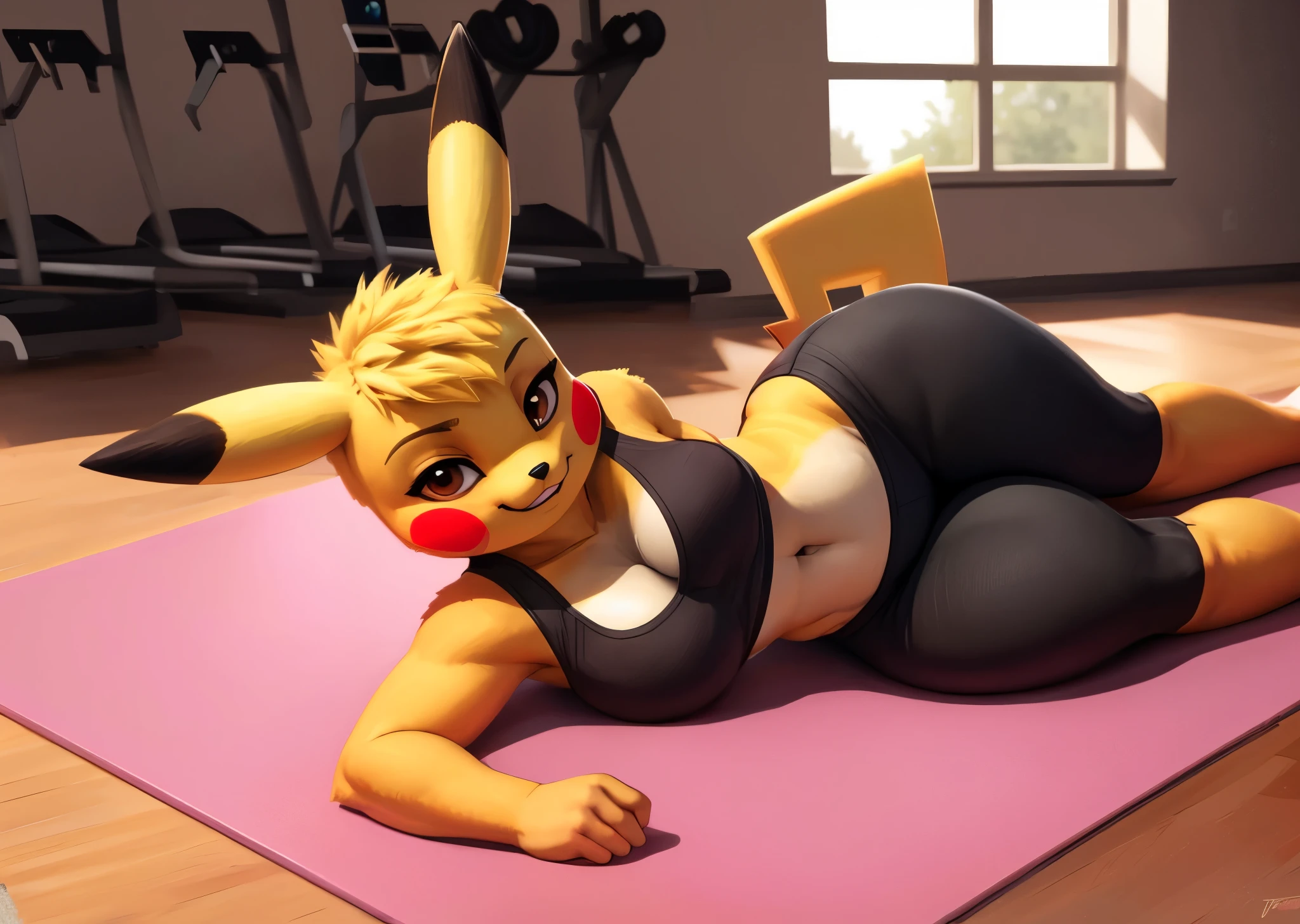 [pikachu], [Uploaded to e621.net; (Pixelsketcher), (napalm_express), (twistedterra), (wamudarws)], ((masterpiece)), ((HD)), ((high res)), ((solo portrait)), ((full body)), ((furry; anthro)), ((detailed shading)), ((beautiful render art)), {anthro; yellow fur, black nose, (pointed pikachu ears), (red pikachu cheeks), (female pikachu tail), (cute brown eyes), (half-closed eyes), (short yellow hair bang), (medium boobies), (curvy wide hips), (thick thighs), (beautiful legs), (beautiful feet), (smug grin)}, {(red sports bra), (navel), (cleavage), (yoga pants)}, {(on yoga mat), (laying on side), (legs spread open), (looking at viewer)}, [background; (gym), (workout equipment), (window), (blue sky), (sun rays), (ambient lighting)]

