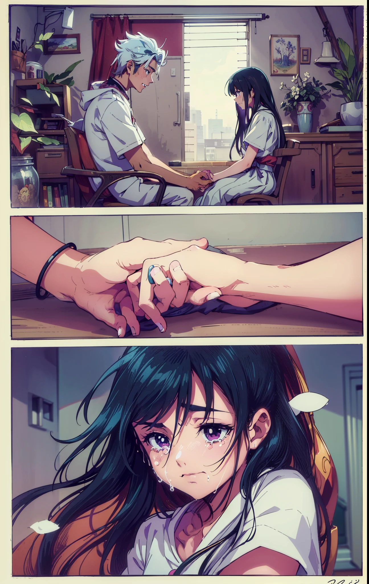(masterpiece, top quality, best quality, official art, Beautiful and beautiful:1.2),(Japanese cartoons) , Modern room background, A boy and girl holding hands，Detailed and complete hand structure，white skin hands，a girl who is crying，tears