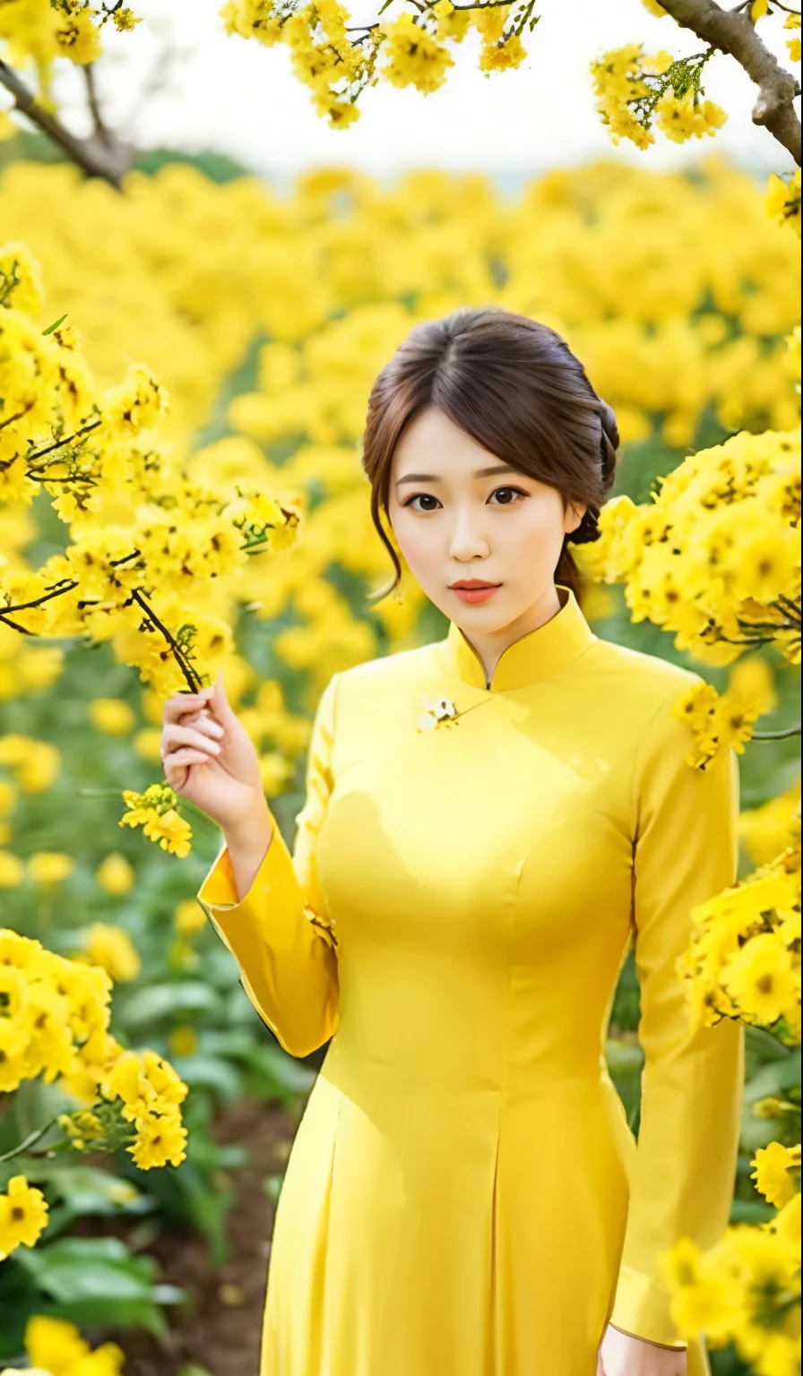 A beautiful woman in yellow Vietnamese longdress, standing in cherry blossoms garden, yellow daisy, 