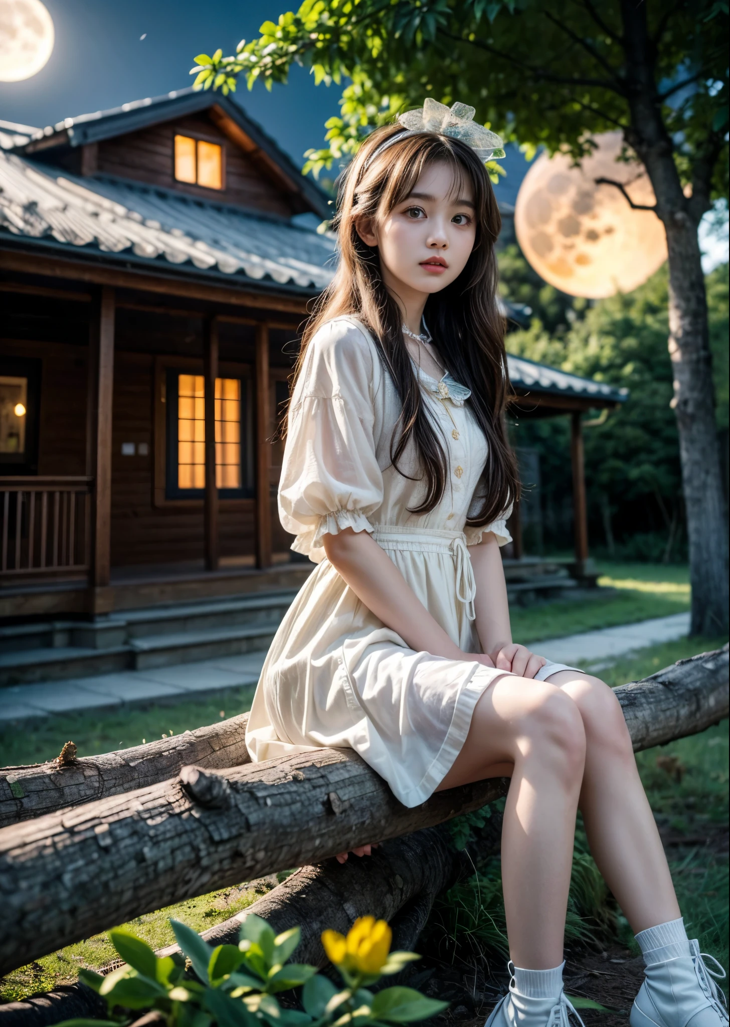 In front of the small house where the fairy lives、lolita fashion、cute girl、16-year-old girl、sitting on a thick branch in front of the house、Yellow Moon、flowers around、in the deep forest、night、perfect lighting、sharp focus、High definition、high resolution、High color rendering、High resolution、Super realistic、photo realistic