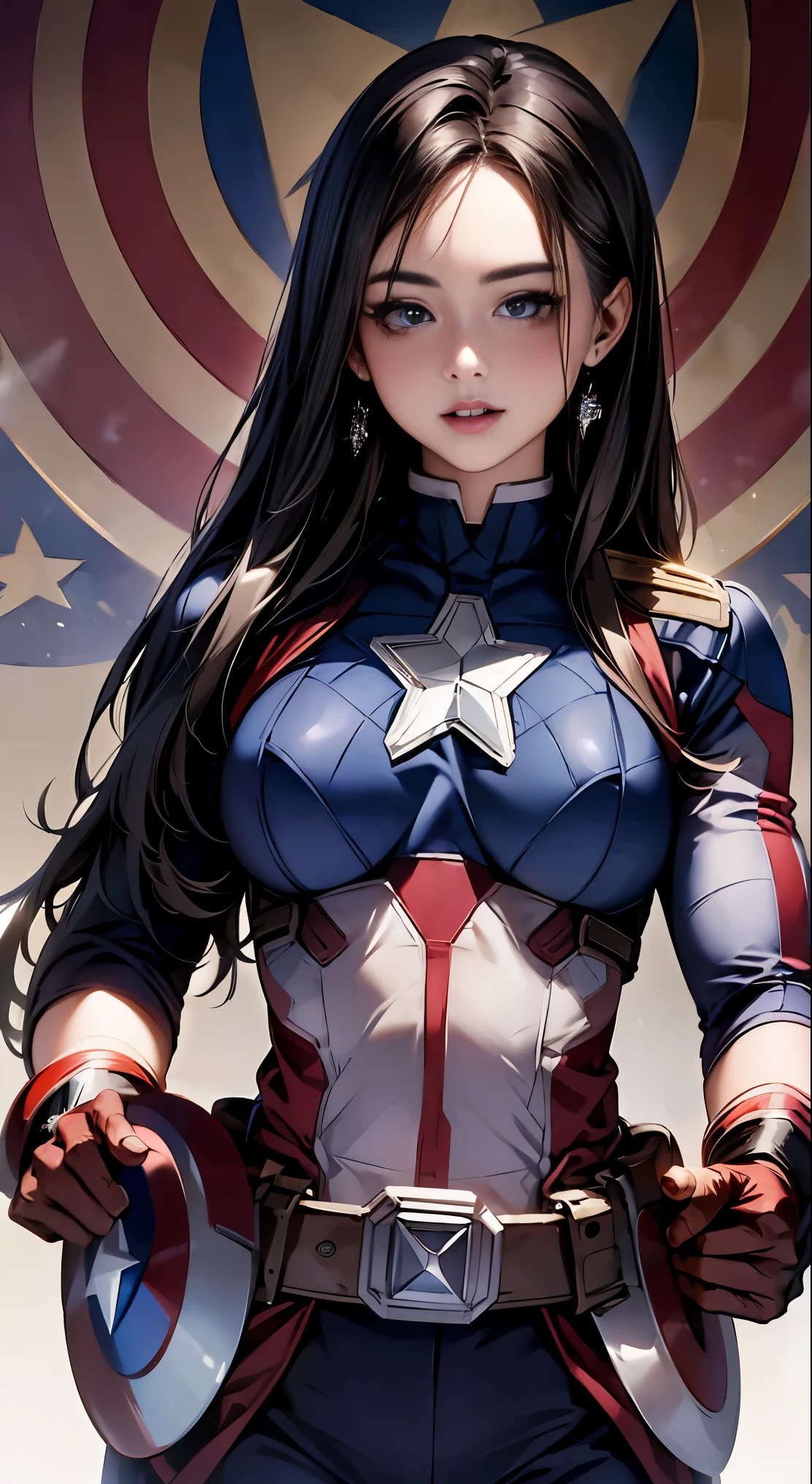 ((highest quality)) , ((masterpiece)) , (be familiar with) ,( captain america woman) , perfect body shape, big , black hair, beautiful face, focus on facial details, Wearing Captain America's uniform, Hydra logo on the background