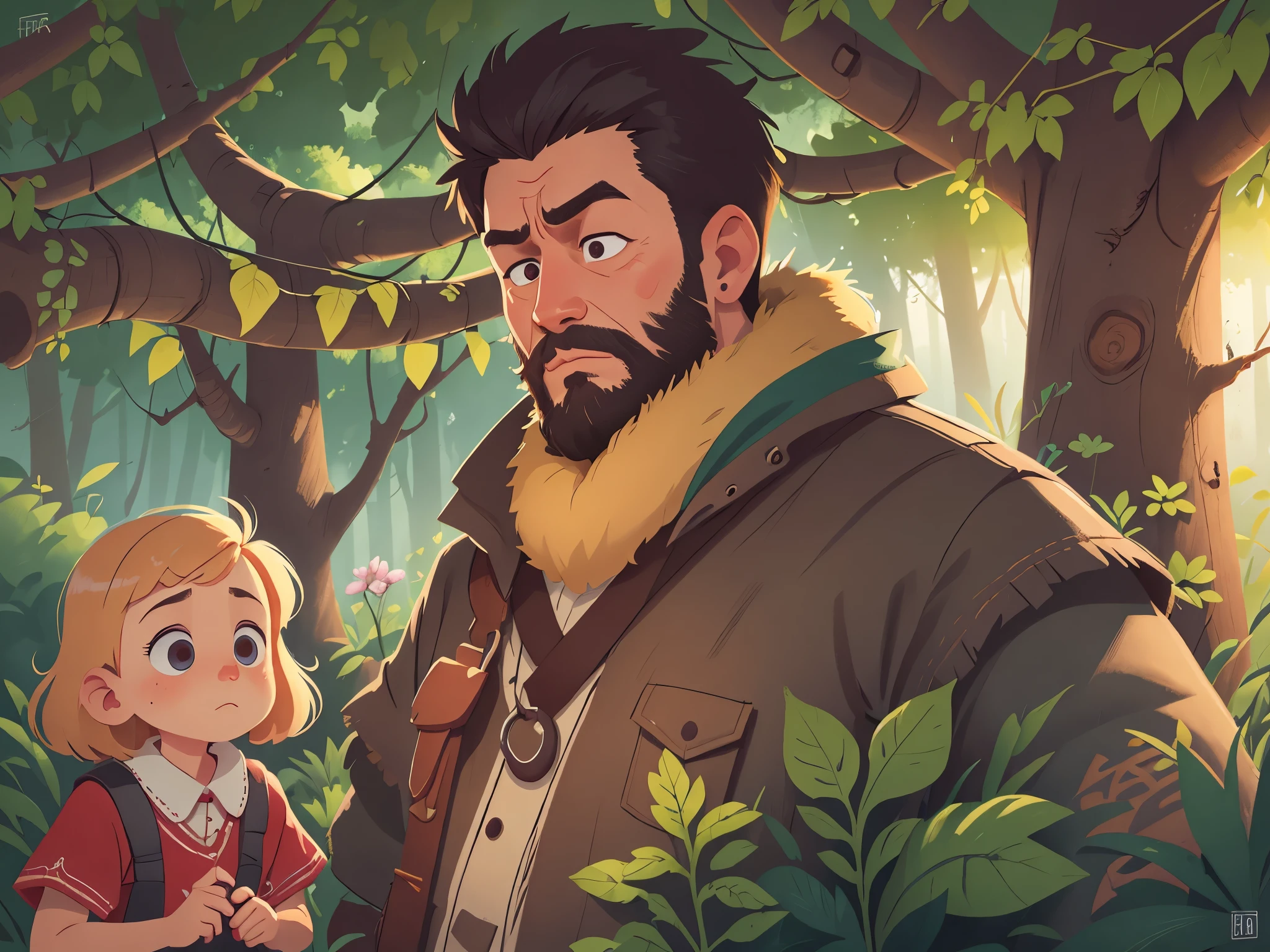 [[[Ultra-detailed, best quality, beautiful, 4K, detailed faces, medieval stories]]], Serious, blond-bearded middle-aged man, with a wooden house in the background, blond-haired middle-aged man with sad expression, Colorful children's book illustrations