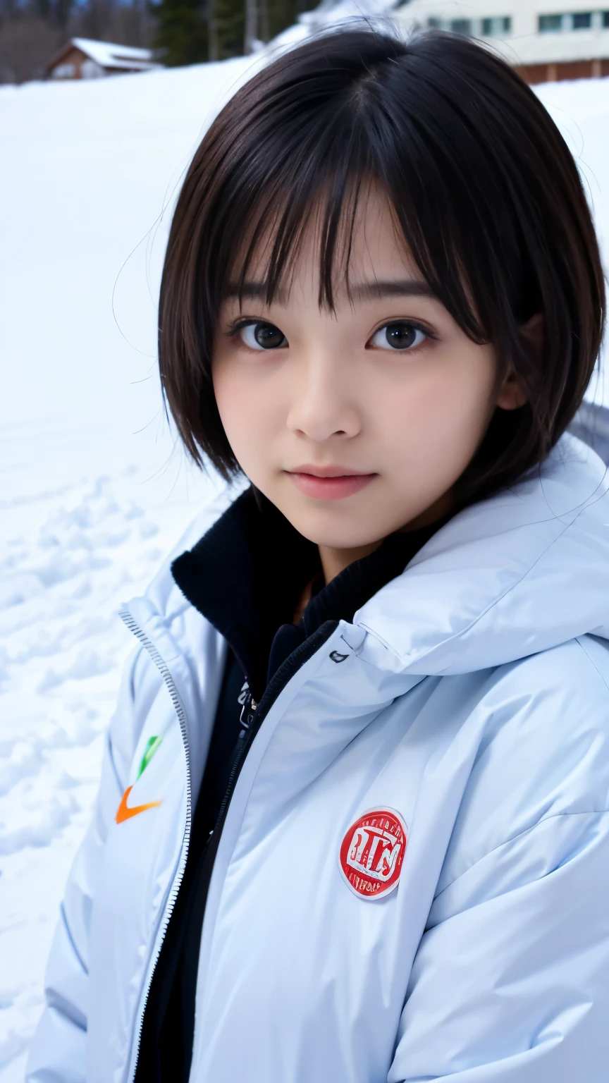 Best-quality, Masterpiece, Ultra-High-Resolution, (Photorealistic:1.4), Raw-Photo, 1girl, 12-years-old, the most famous Japanese idol, having fun at heavy-snowy-mountain, wearing winter-clothes, (extremely cute face like a most popular Japanese idol, ((extremely beautiful big-black-eyes)), extremely beautiful black-short-cut-haired), extremely beautiful long-eyelashes, extremely beautiful lips, extremely beautiful skins
