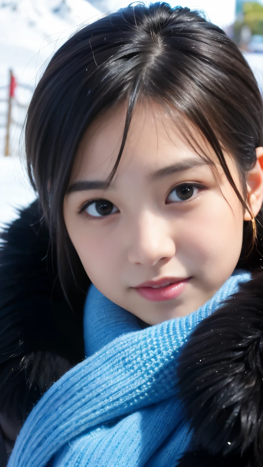 Best-quality, Masterpiece, Ultra-High-Resolution, (Photorealistic:1.4), Raw-Photo, 1girl, 12-years-old, the most famous Japanese idol, having fun at heavy-snowy-mountain, wearing winter-clothes, (extremely cute face like a most popular Japanese idol, ((extremely beautiful big-black-eyes)), extremely beautiful black-short-cut-haired), extremely beautiful long-eyelashes, extremely beautiful lips, extremely beautiful skins