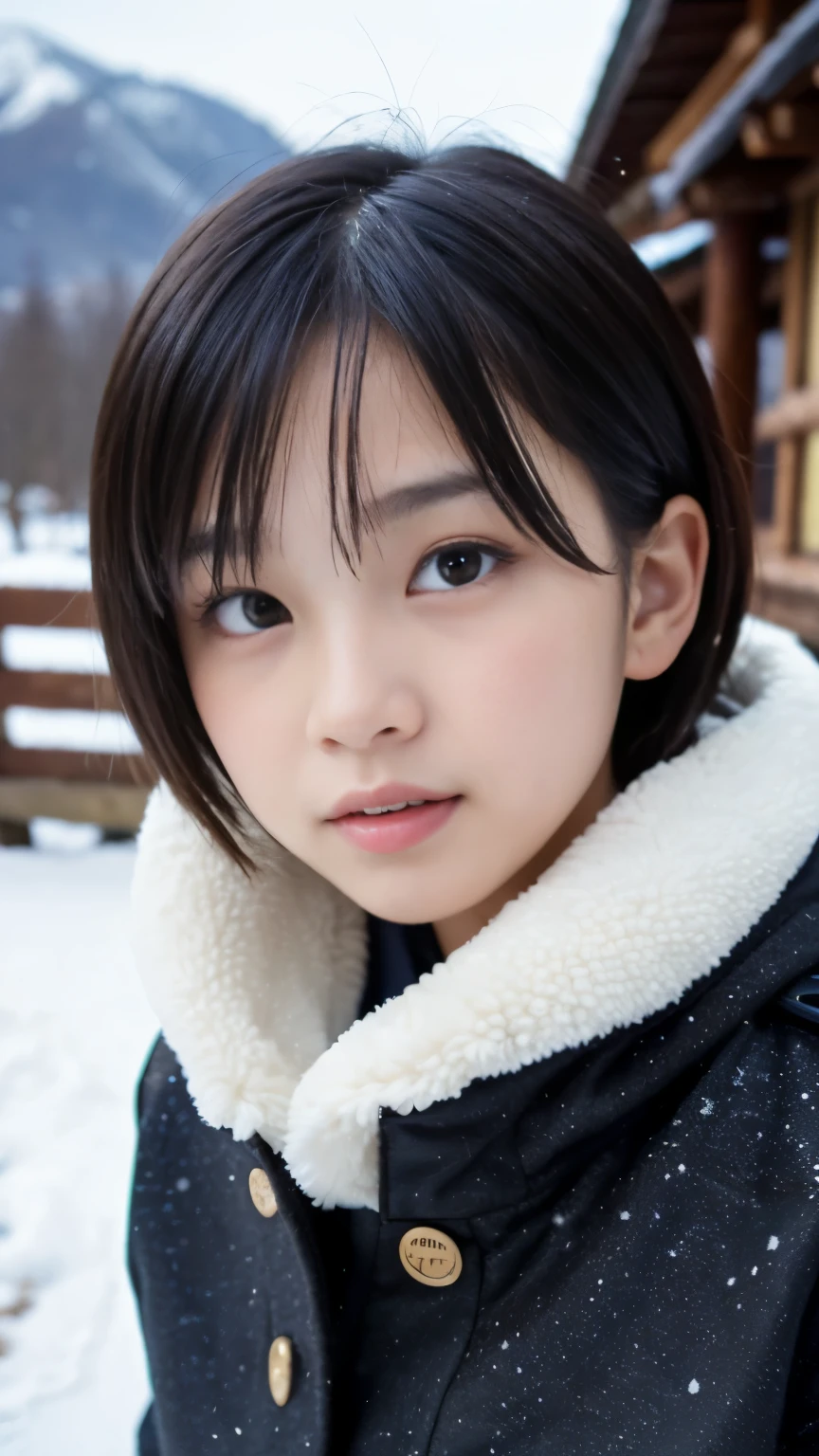 Best-quality, Masterpiece, Ultra-High-Resolution, (Photorealistic:1.4), Raw-Photo, 1girl, 12-years-old, the most famous Japanese idol, having fun at heavy-snowy-mountain, wearing winter-clothes, (extremely cute face like a most popular Japanese idol, ((extremely beautiful big-black-eyes)), extremely beautiful black-short-cut-haired), extremely beautiful long-eyelashes, extremely beautiful lips, extremely beautiful skins