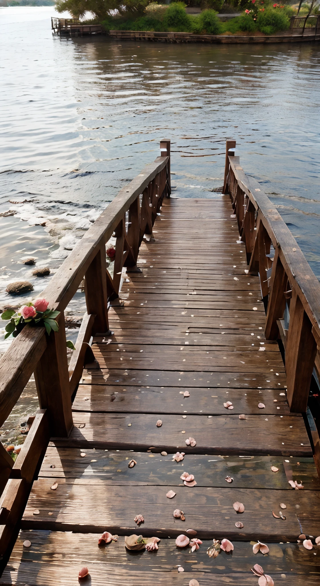 A wooden bridge with rose flower petals in a romantic vibe
