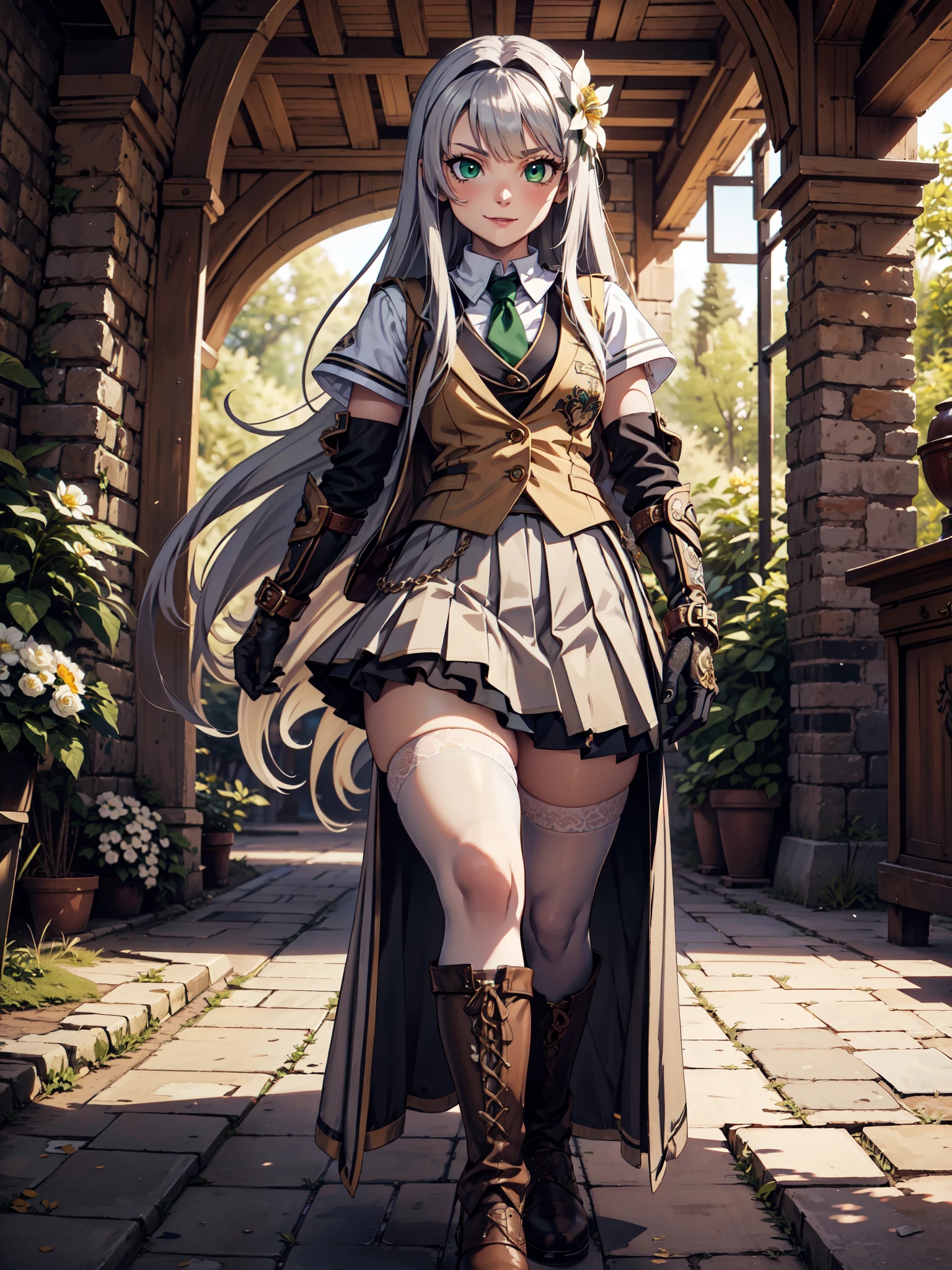 Ultra High Definition, Ultra High Quality, Hyper Definition, Hyper Quality, Hyper Detailed, Extremely Detailed, Perfectly Detailed, 8k, 1 Anime Female,  Long Silver Hair, Women's Vest, ((Luxury School Pleated Skirt)), Brown Boots On Heels, Tights, Gloves, Solid Green Eyes, Cheerful Expression, White Flower Barrette, Dressed in School Uniform , Forest Panoramic Background