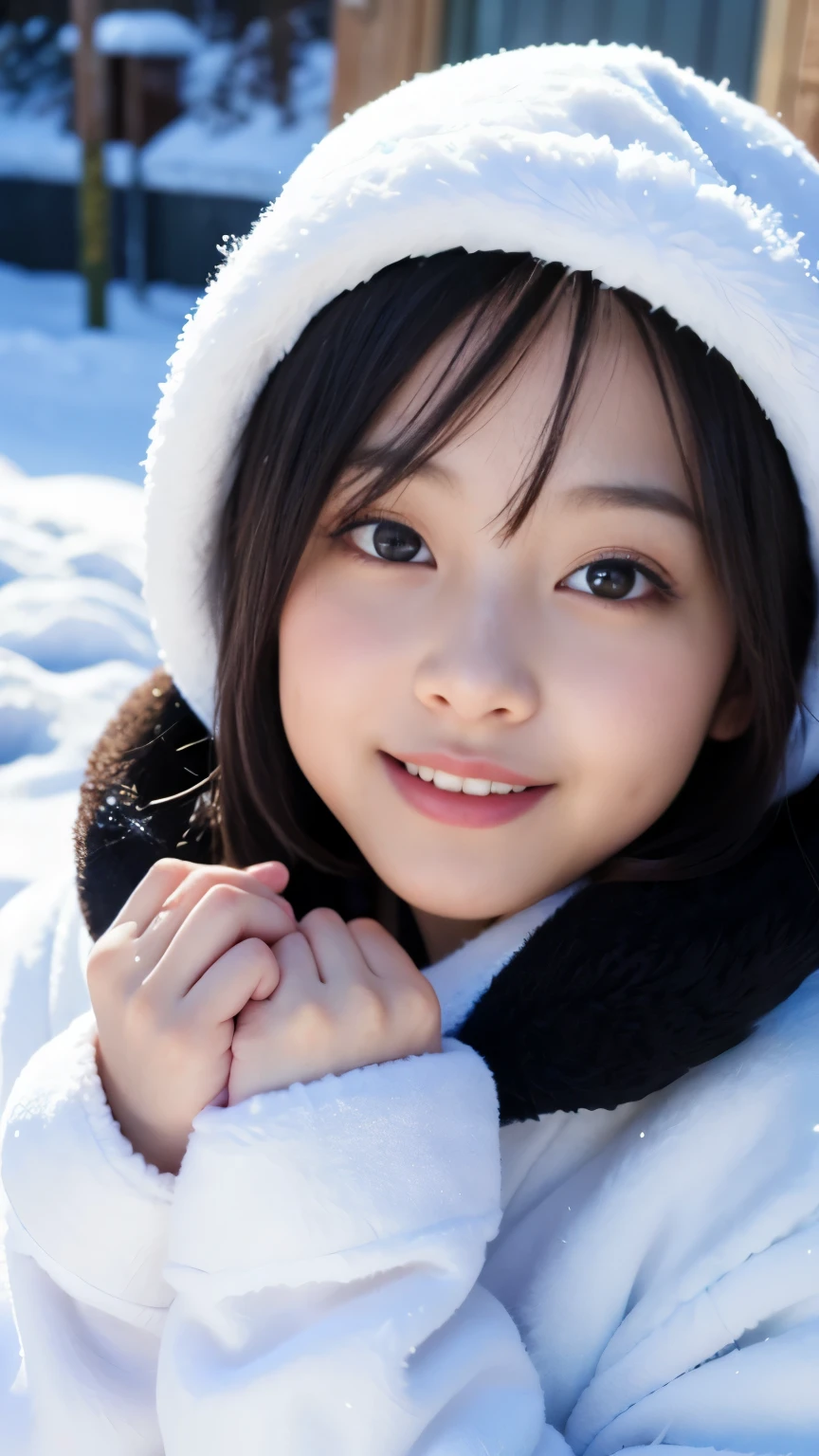 Best-quality, Masterpiece, Ultra-High-Resolution, (Photorealistic:1.4), Raw-Photo, 1girl, 12-years-old, the most famous Japanese idol, having a lot of fun at heavy-snowy-mountain, wearing winter-clothes, (extremely cute face like a most popular Japanese idol, ((extremely beautiful big-black-eyes)), extremely beautiful black-short-cut-haired), extremely beautiful long-eyelashes, extremely beautiful lips, extremely beautiful skins, extremely beautiful body wearing winter-clothes