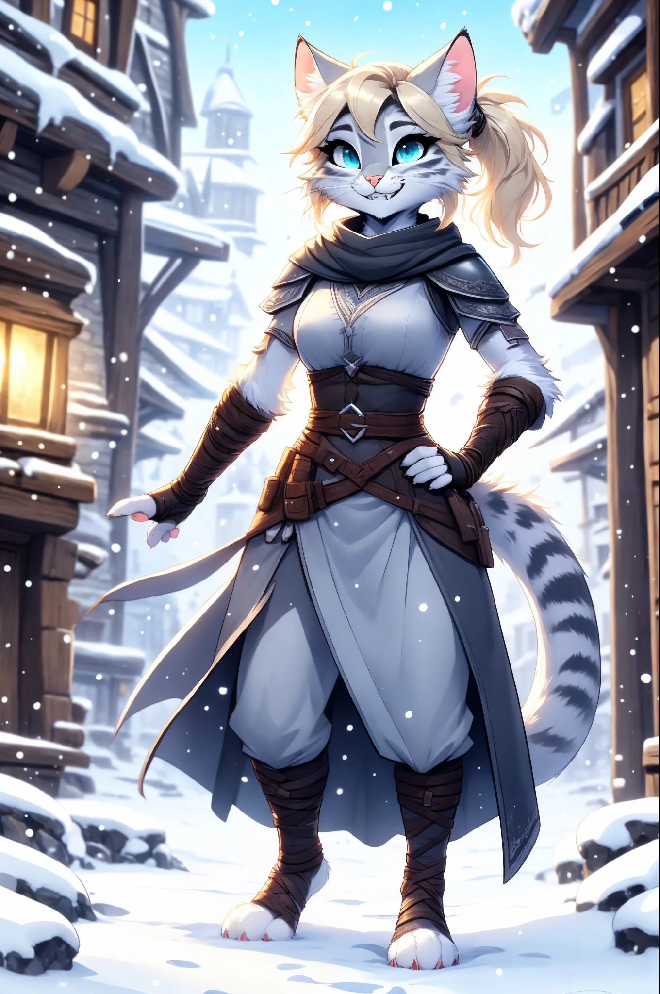 Kat, opal eyes, short blonde hair, pony tail, silver fur, pink nose, white whiskers, silver fur, outdoors, in a snowy town, wearing rogue garbs, leather foot wraps, feet paws, fingerless leather gloves, hands on her hips, grinning, feline teeth