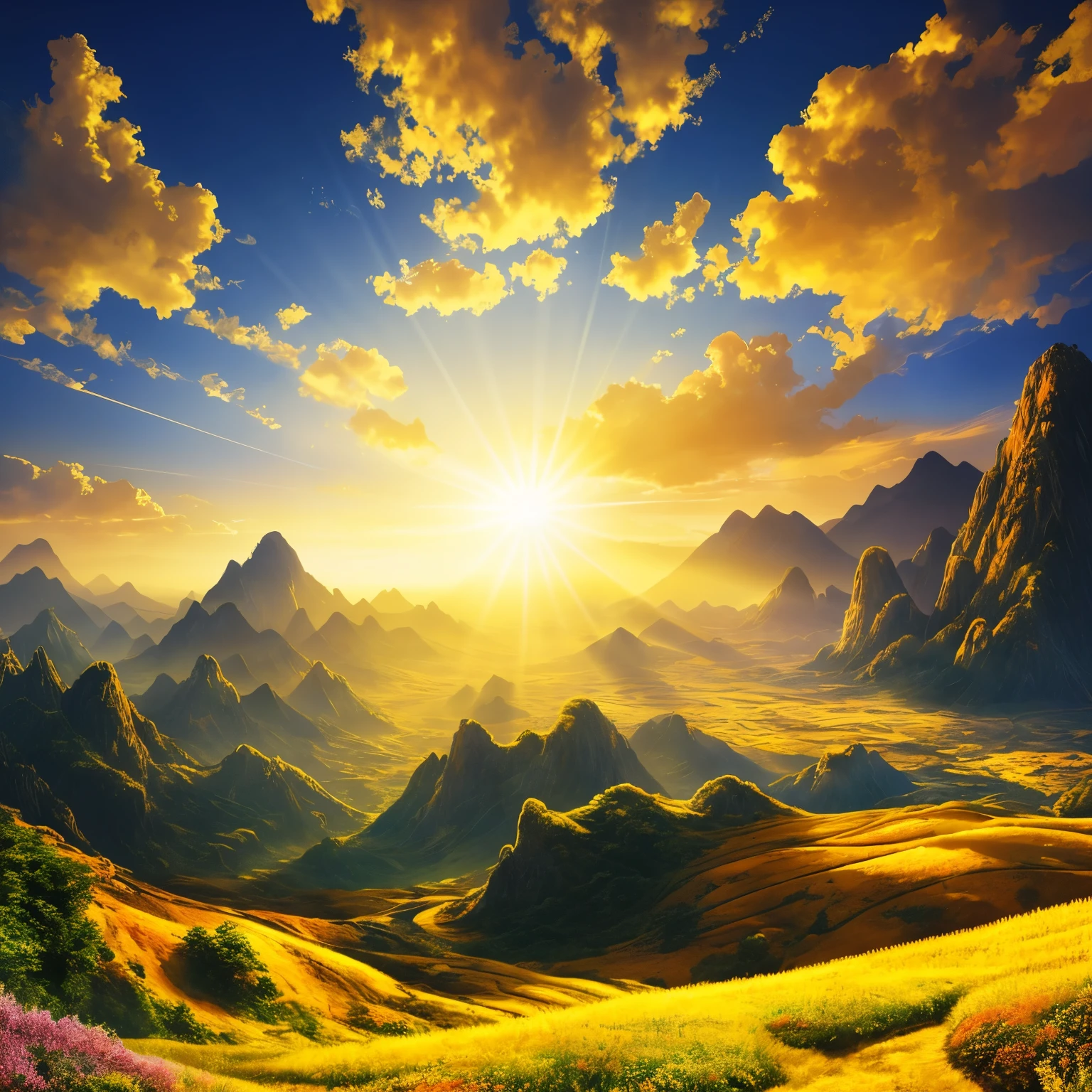 A scene of Yellow Mountains bathed in golden sunshine, captivating concept art, radiant and warm, beautiful depiction by Ethan Lee, Chinese landscape, Sunlight drenches the peaks and valleys, masterpiece, superb quality, CG unity 8k wallpaper, intricate details, vibrant yellow hues, dynamic angles, golden hour, realistic shadows, high contrast, excellent rendering, (delicate brush strokes, oil painting style), (realistic rendering of the sun and clouds), immersive and breathtaking.