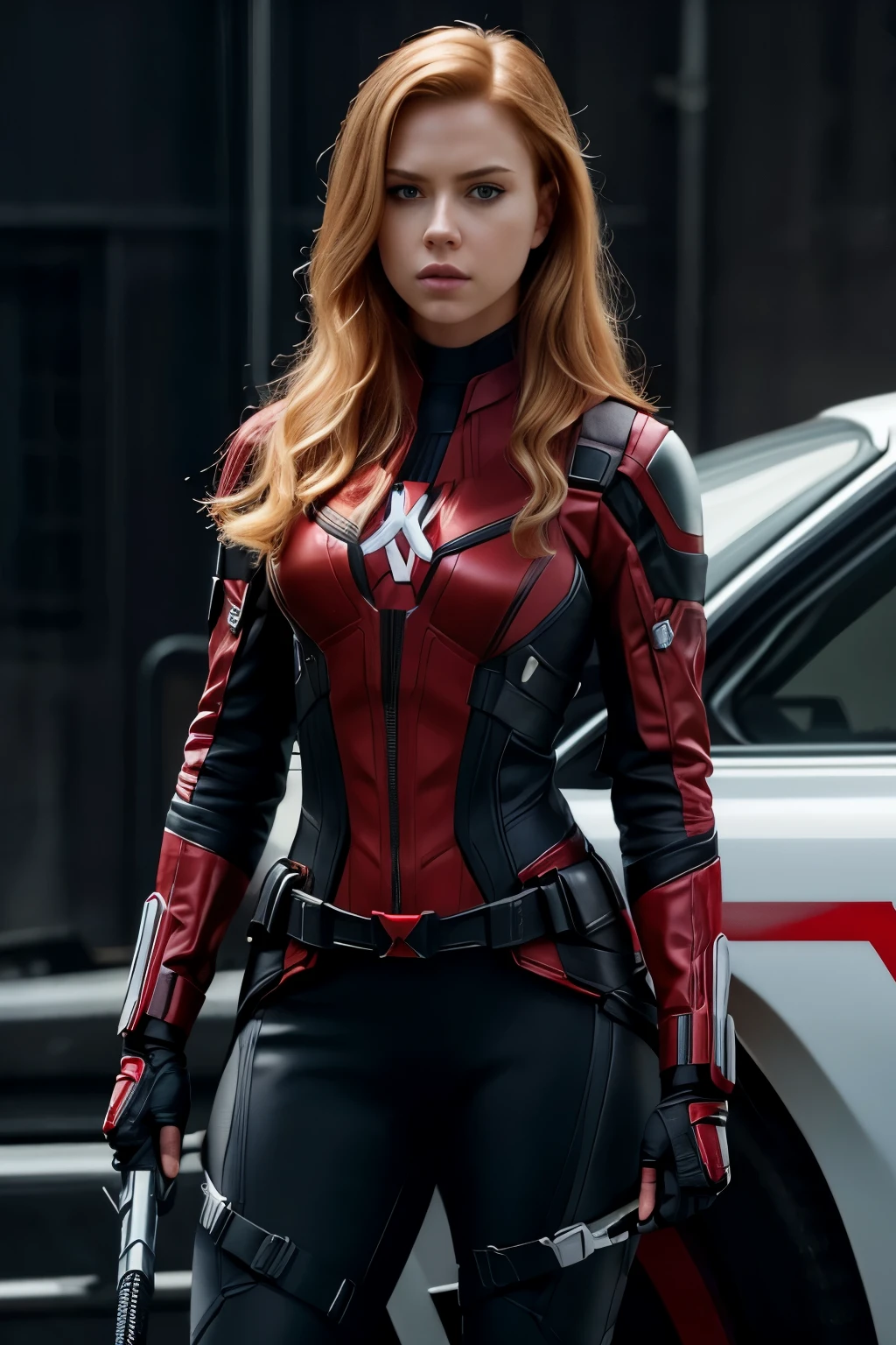 woman daredevil from TV show (black widow), fine detail, blonde hair, 21 year old American female, 8k, photo realistic, perfect detailed anatomy, perfect detailed face, perfect details, eyes, octane rendering, 8k, masterpiece, maximum quality, (full body standing), facing camera, (Natasha Romanoff), wearing all ((white)) daredevil outfit,