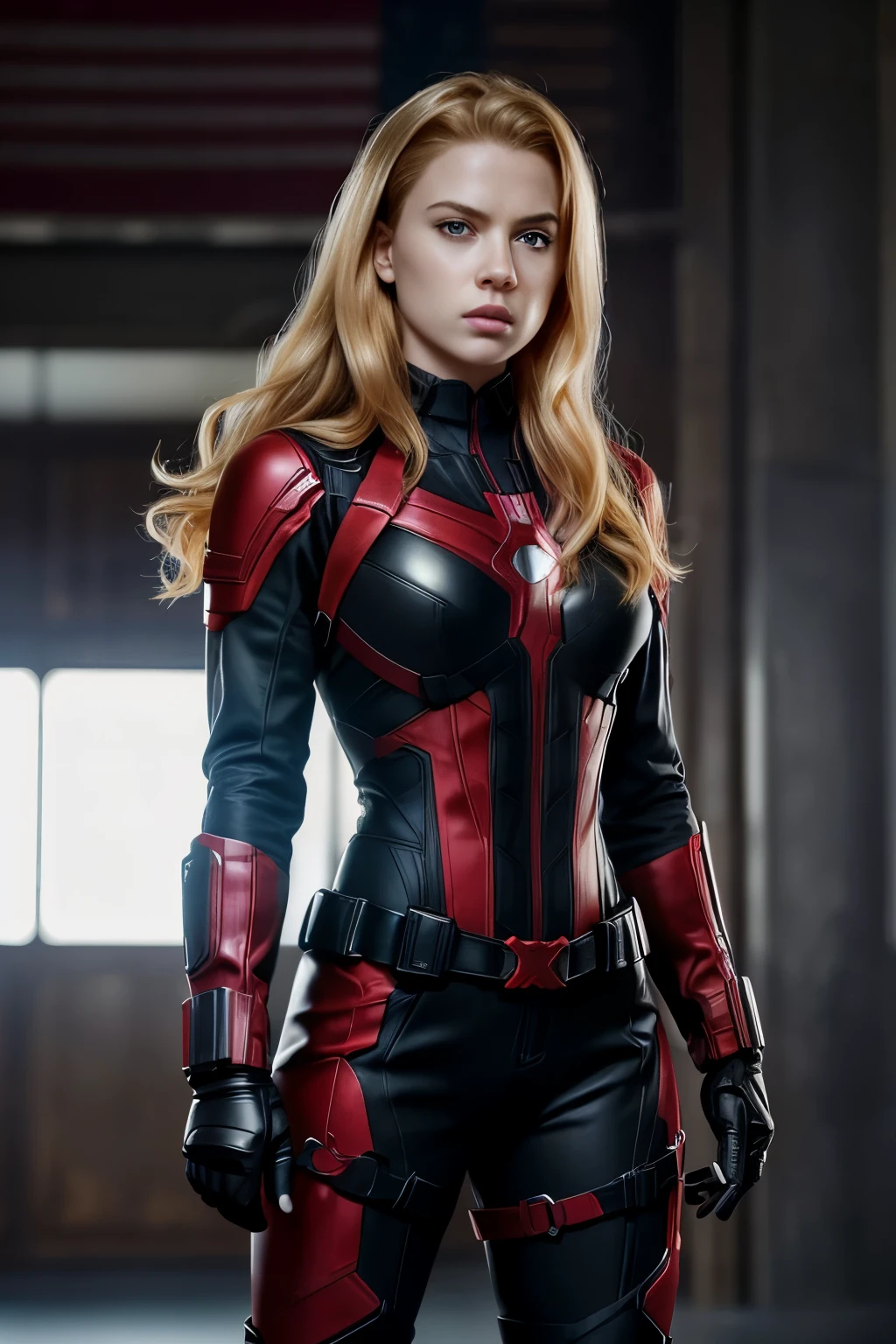 woman daredevil from TV show (black widow), fine detail, blonde hair, 21 year old American female, 8k, photo realistic, perfect detailed anatomy, perfect detailed face, perfect details, eyes, octane rendering, 8k, masterpiece, maximum quality, (full body standing), facing camera, (Natasha Romanoff), wearing all ((white)) daredevil outfit,